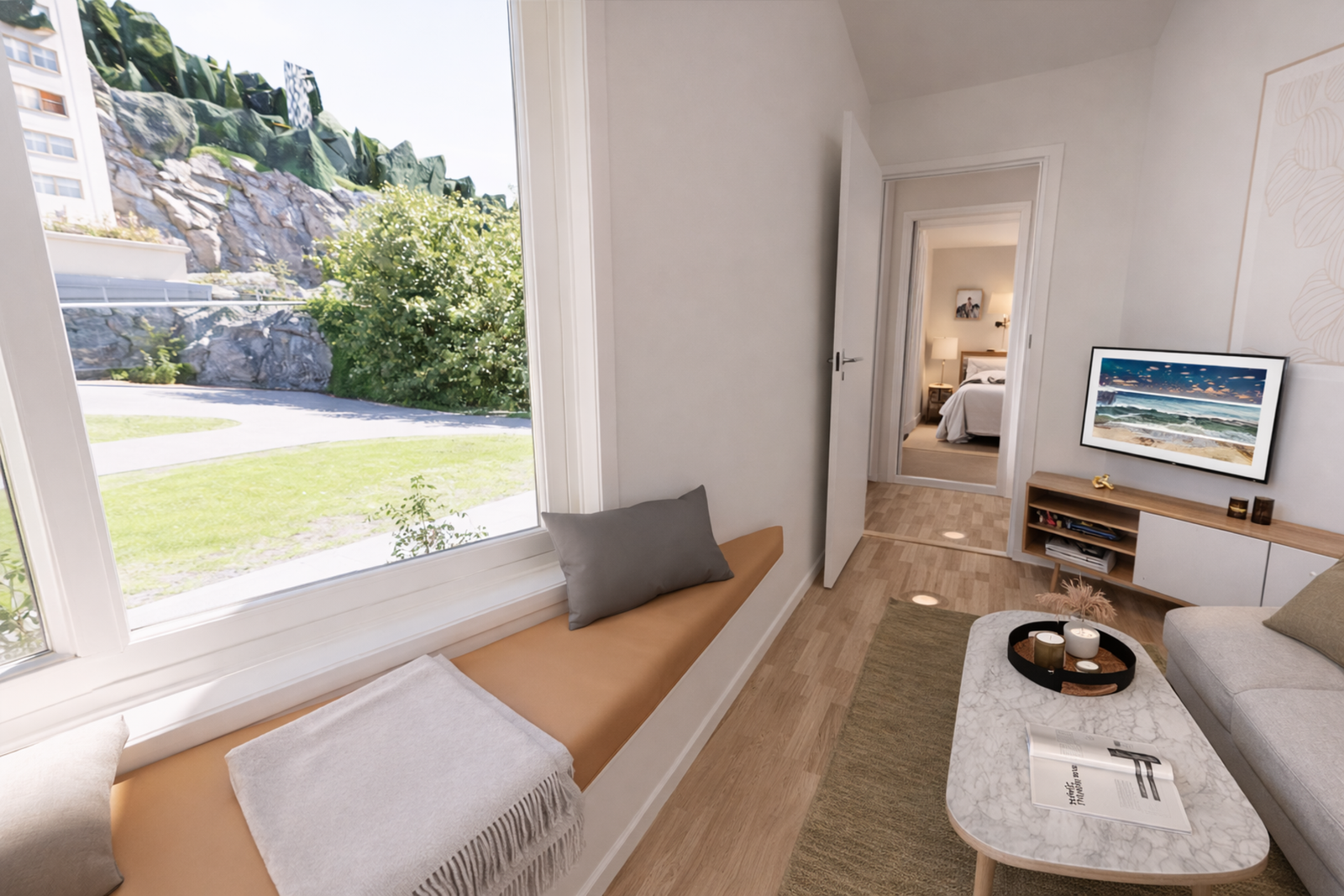 Legg merke til den plassbygde benken. Bildet er en 3D-visualisering av den aktuelle leiligheten Galleribilde