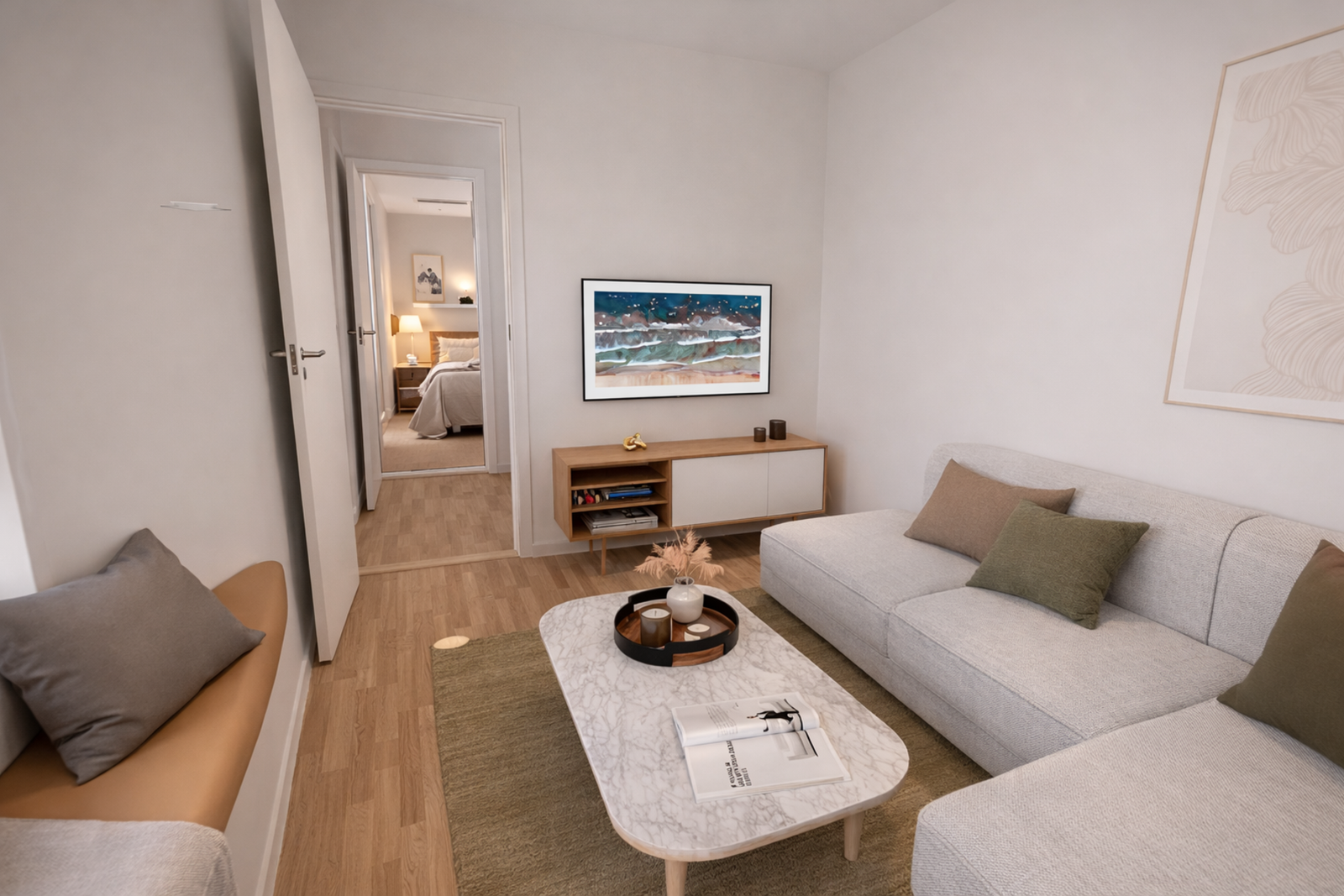 Egen stuesone fremheves som unikt på leiligheter i denne størrelsen. Bildet er en 3D-visualisering av den aktuelle leiligheten Galleribilde