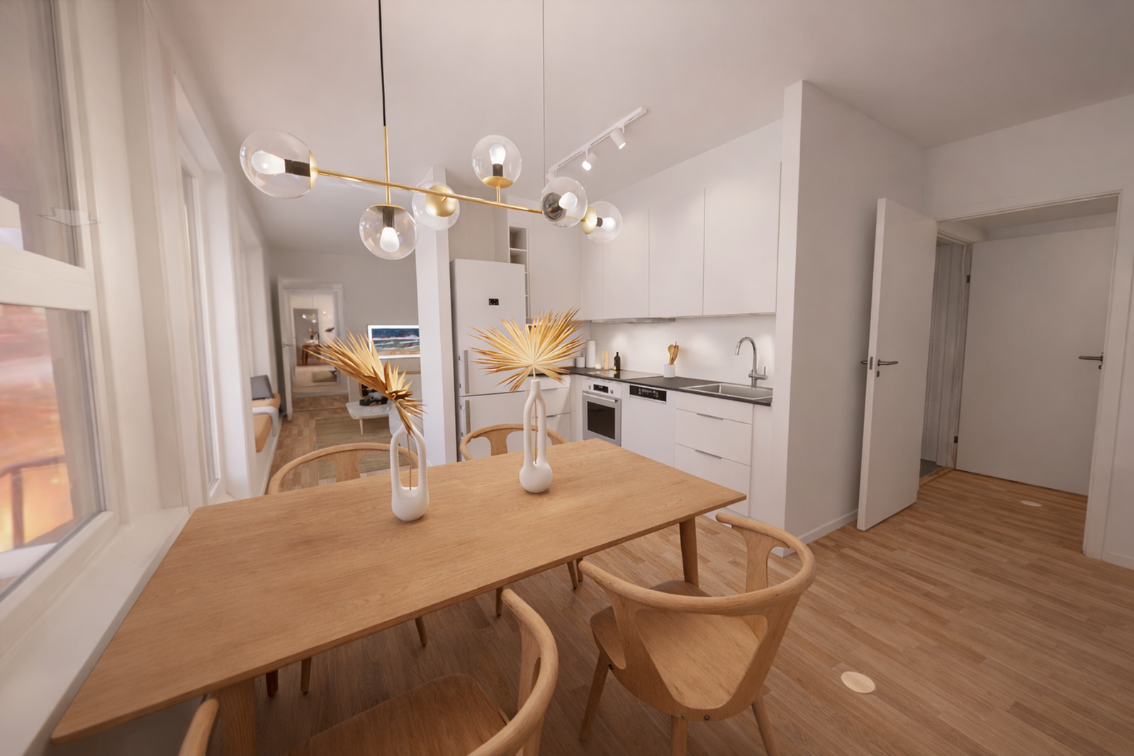 Åpen kjøkkenløsning. Her innredet som spisestue, med TV-stue i egen sone. Bildet er en 3D-visualisering av den aktuelle leiligheten Galleribilde