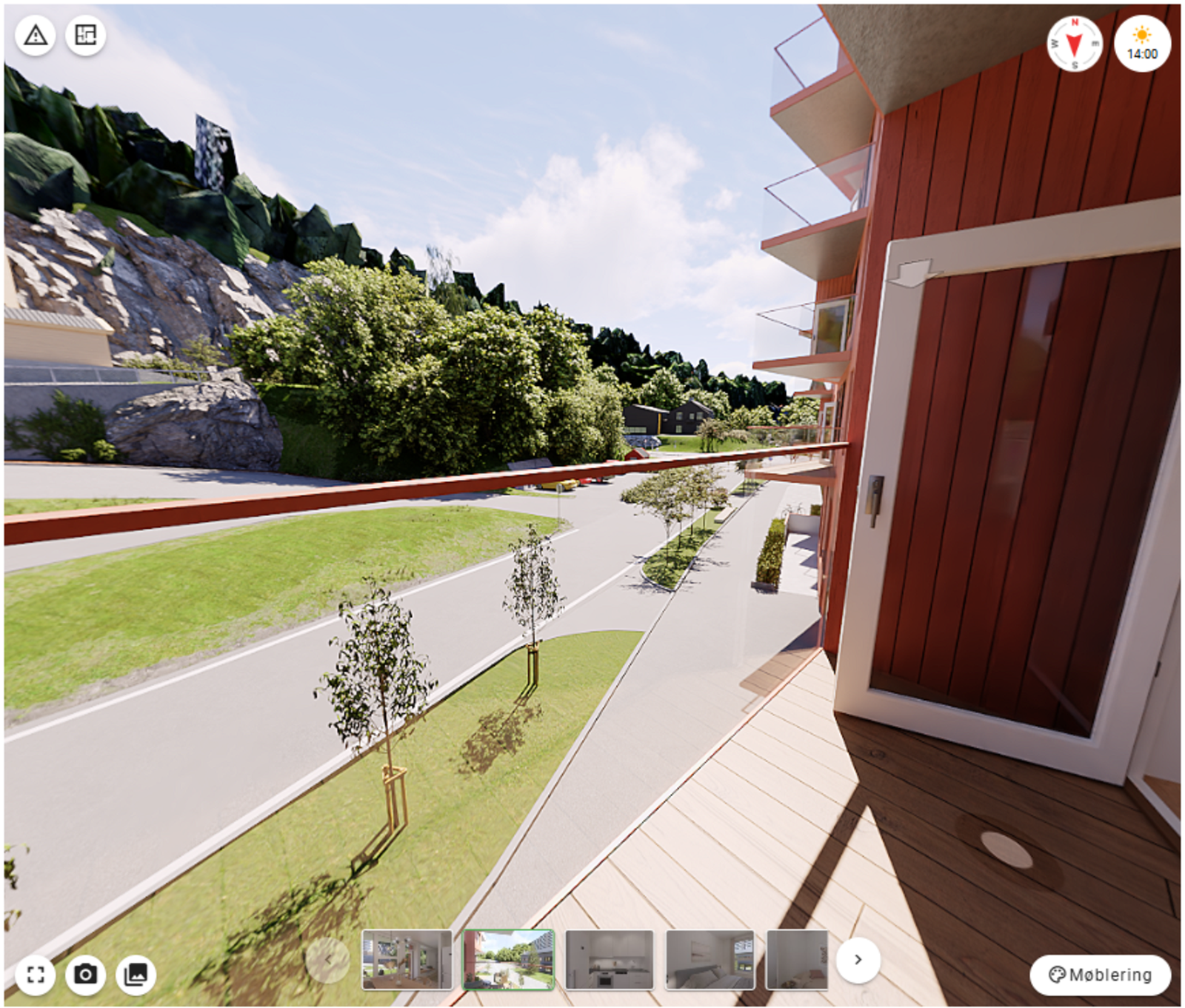 Utsikt og balkong vender mot det åpne, fremfor nabobygg. Bildet er en 3D-visualisering av den aktuelle leiligheten Galleribilde