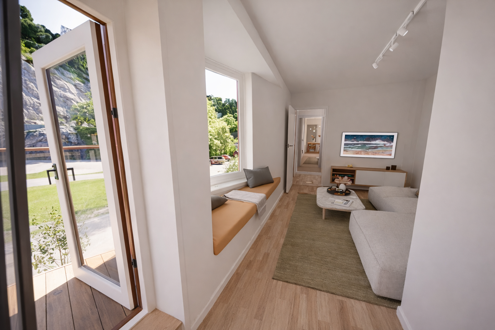 Legg merke til den plassbygde benken. Bildet er en 3D-visualisering av den aktuelle leiligheten Galleribilde