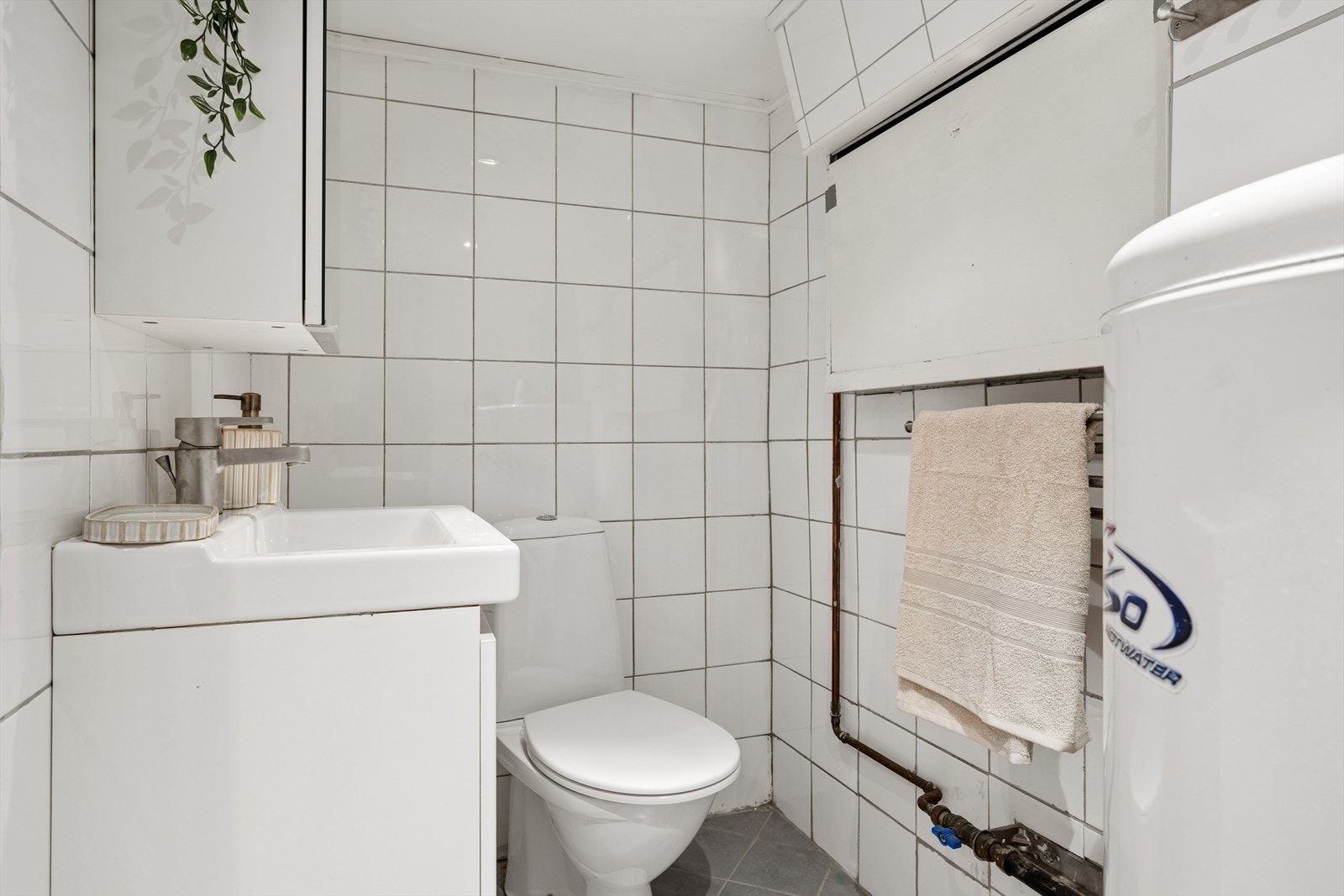 Eldre bad i kjelleren med toalett og dusj-sone. Galleribilde