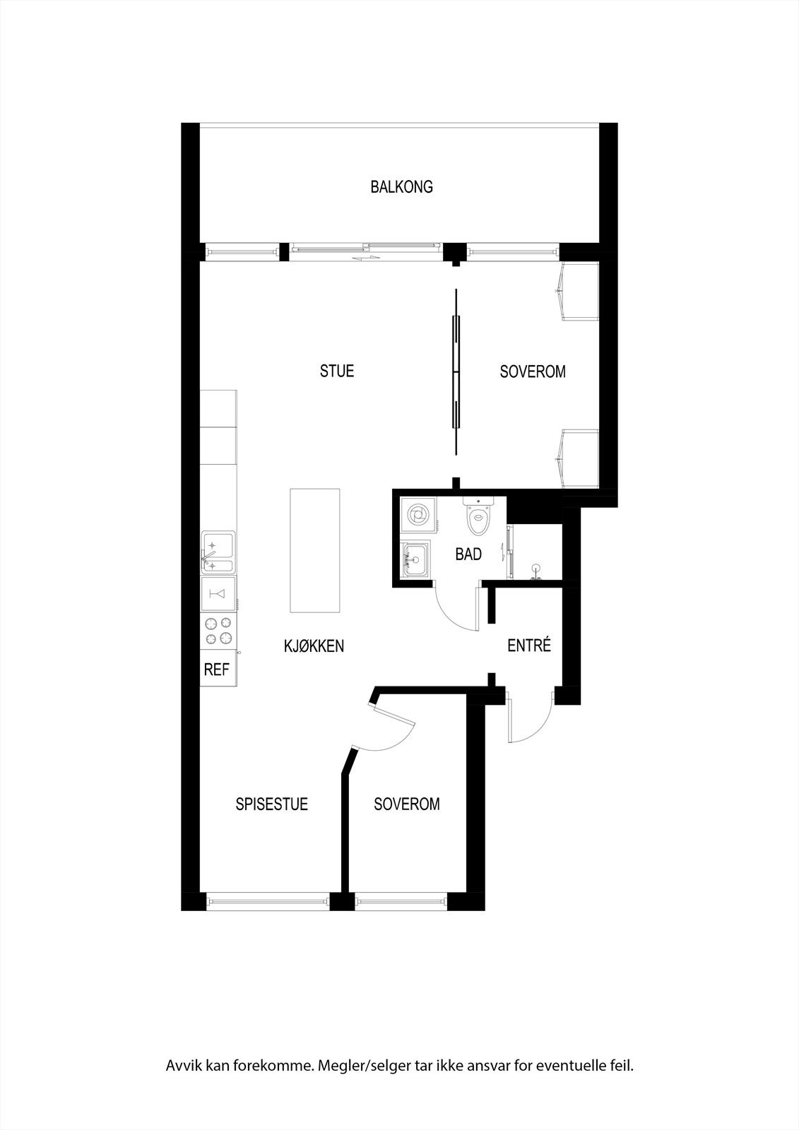 5 et.: Entré, bad/vaskerom, 2 soverom, kjøkken/stue m/utgang til en innglasset balkong. Galleribilde