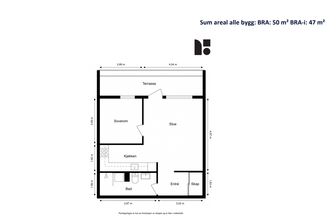 Leiligheten har en arealeffektiv planløsning med åpen stue- og kjøkkenløsning, soverom og bad. Galleribilde