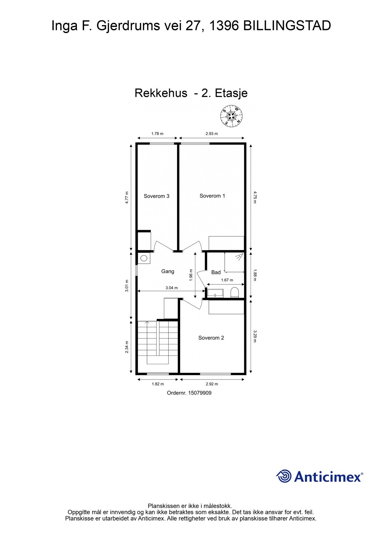 2. etasje består av en gang, tre soverom og ett bad. Galleribilde