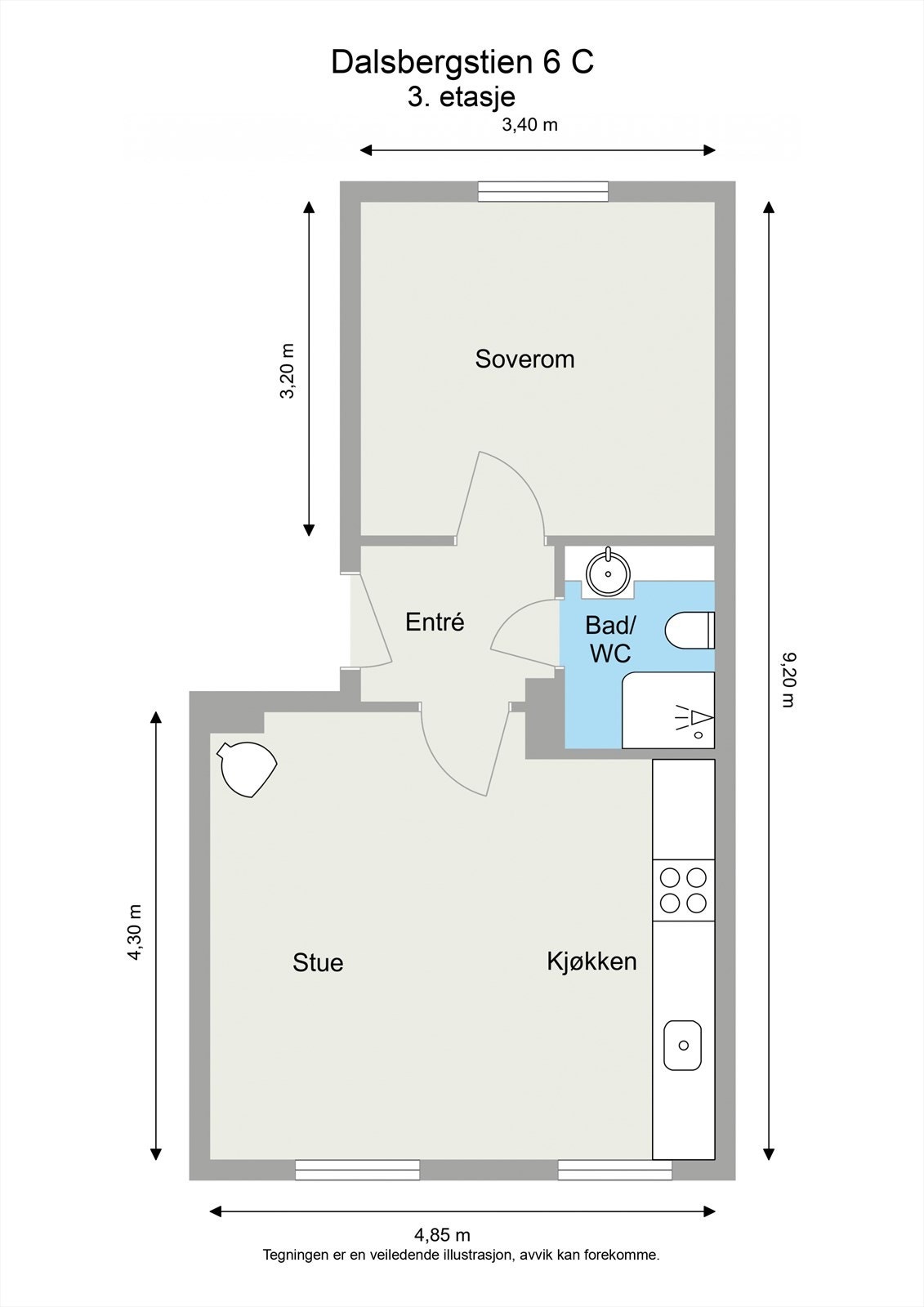 Leiligheten ligger i 3. etasje og inneholder entré, stue/kjøkken, soverom og bad. I tillegg disponerer leiligheten en kjellerbod. Galleribilde
