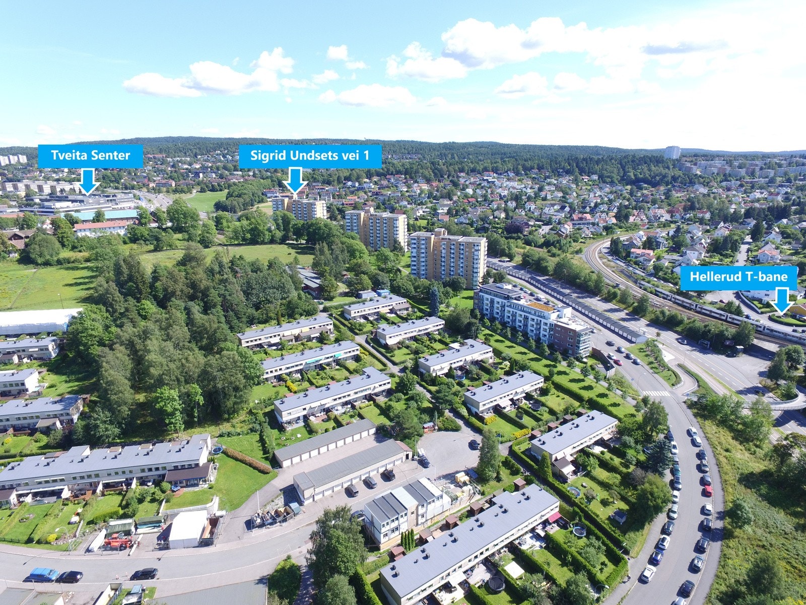 Oversiktsbilde av området. Kort vei til Tveita senter og Hellerud T-bane med 2 linjer. Galleribilde