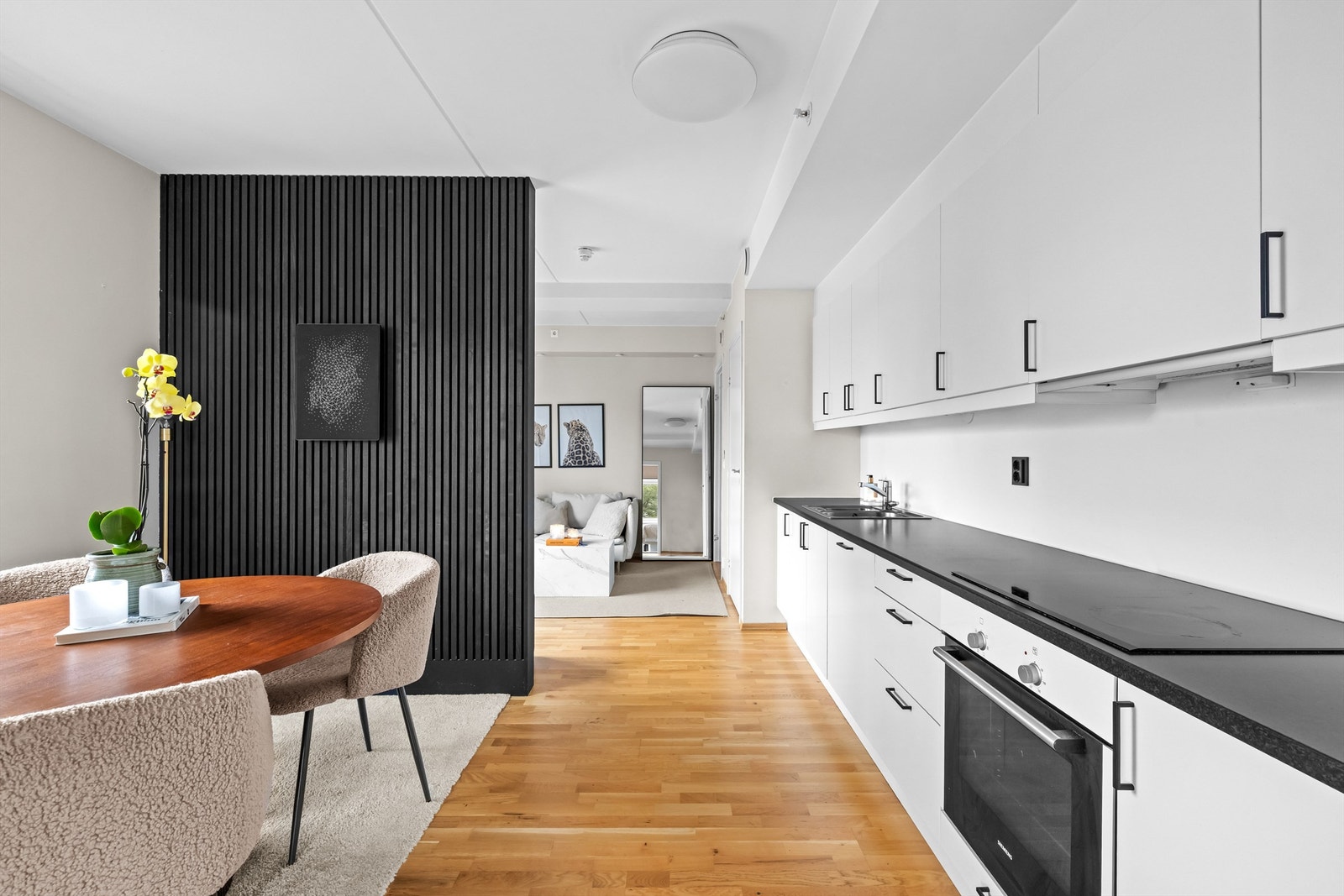 Lekker skillevegg er satt opp for å dele av stue- og kjøkkensone. Galleribilde