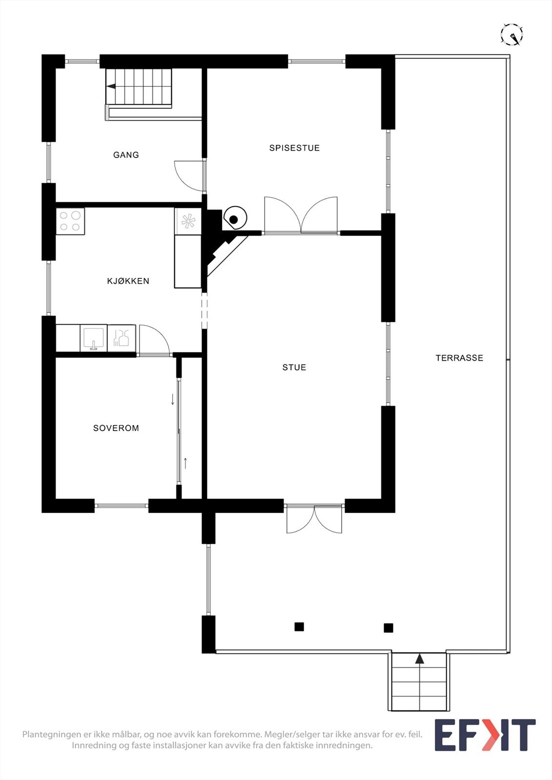Første etasje har en sosial planløsning med stue, spisestue og kjøkken samt et soverom. Etasjen har et bruksareal på 67 m². Galleribilde