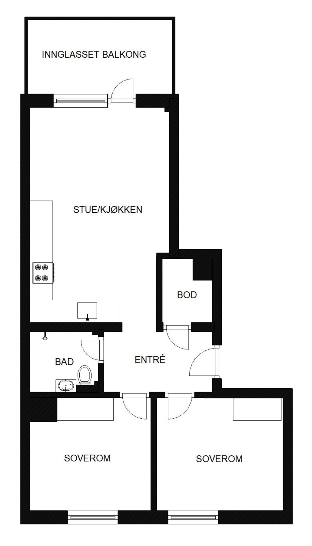 Planskisse. Leiligheten disponerer loftsbod med gulvareal på ca. 6,4 m² og kjellerbod på 3 m² i tillegg. Galleribilde