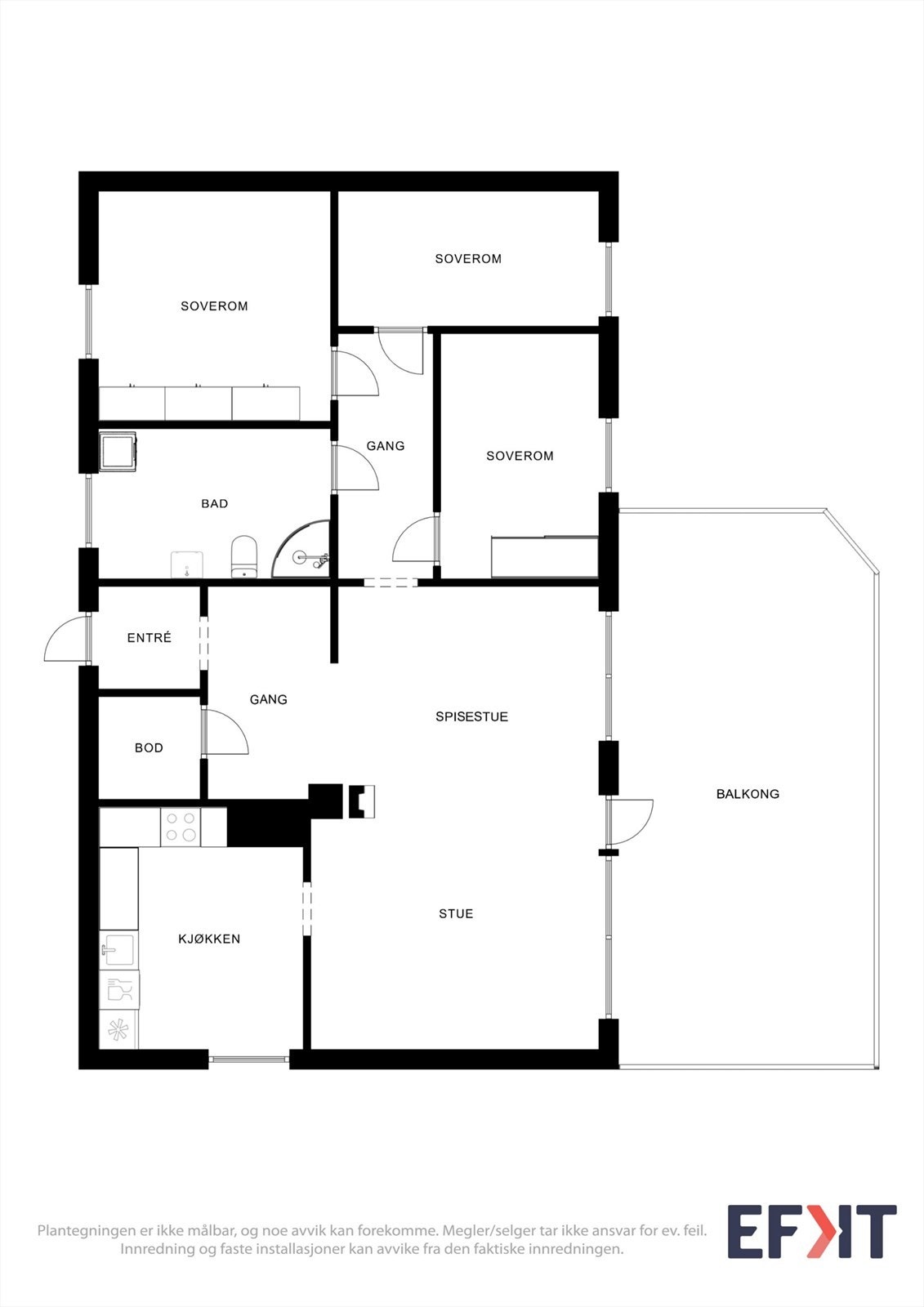 Boligen har en arealeffektiv planløsning på ett plan, med tre soverom og adskilt stue og kjøkken. Galleribilde