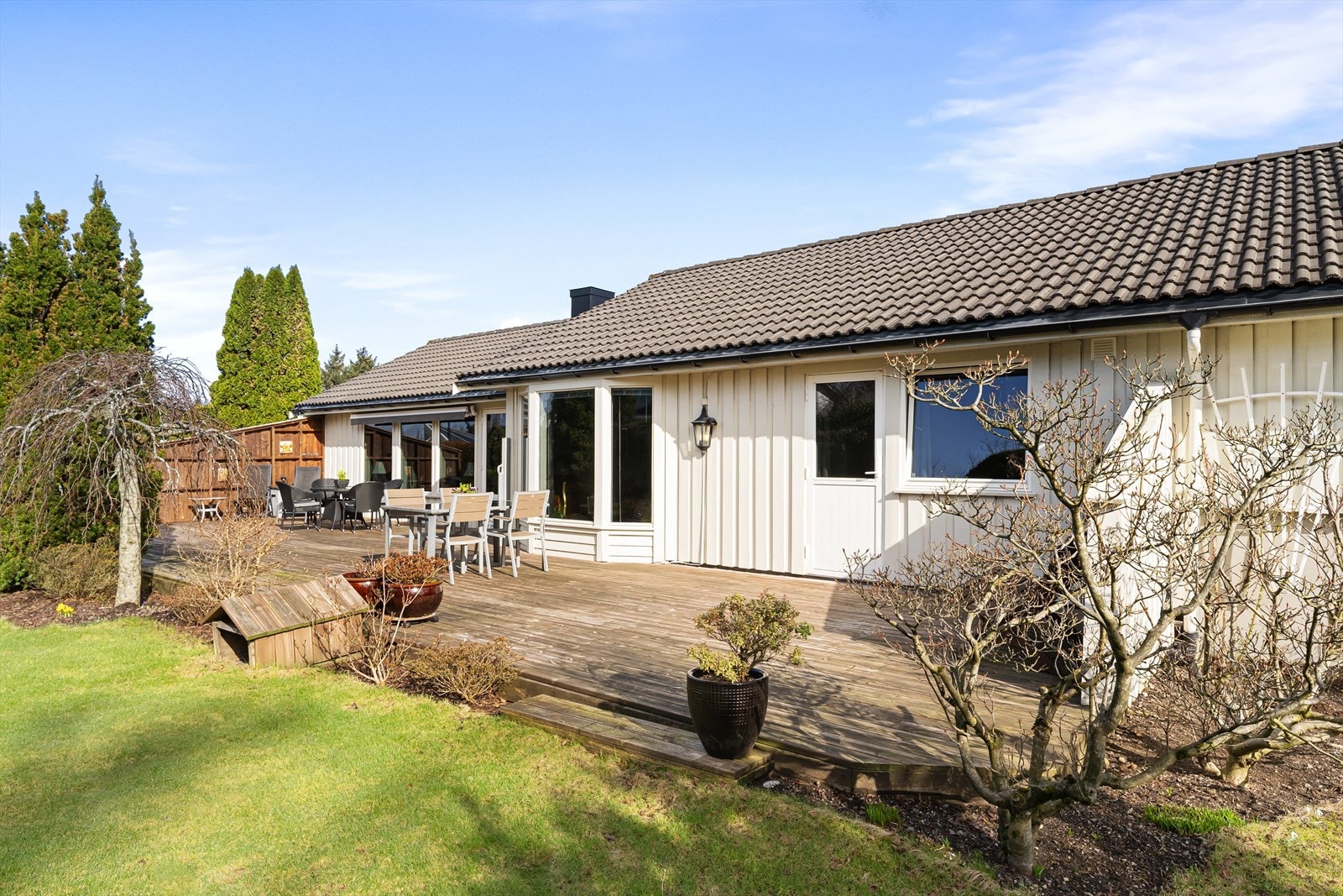 Fint og ryddig opparbeidet og beplantet med flere trær og prydbusker. Galleribilde