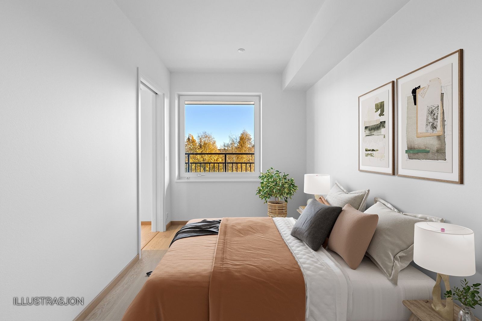 Innbydende soverom med god plass til dobbeltseng og garderobeskap. Soverommet skaper en rolig og avslappende atmosfære, og er det perfekte tilfluktsstedet for hvile og søvn. Galleribilde