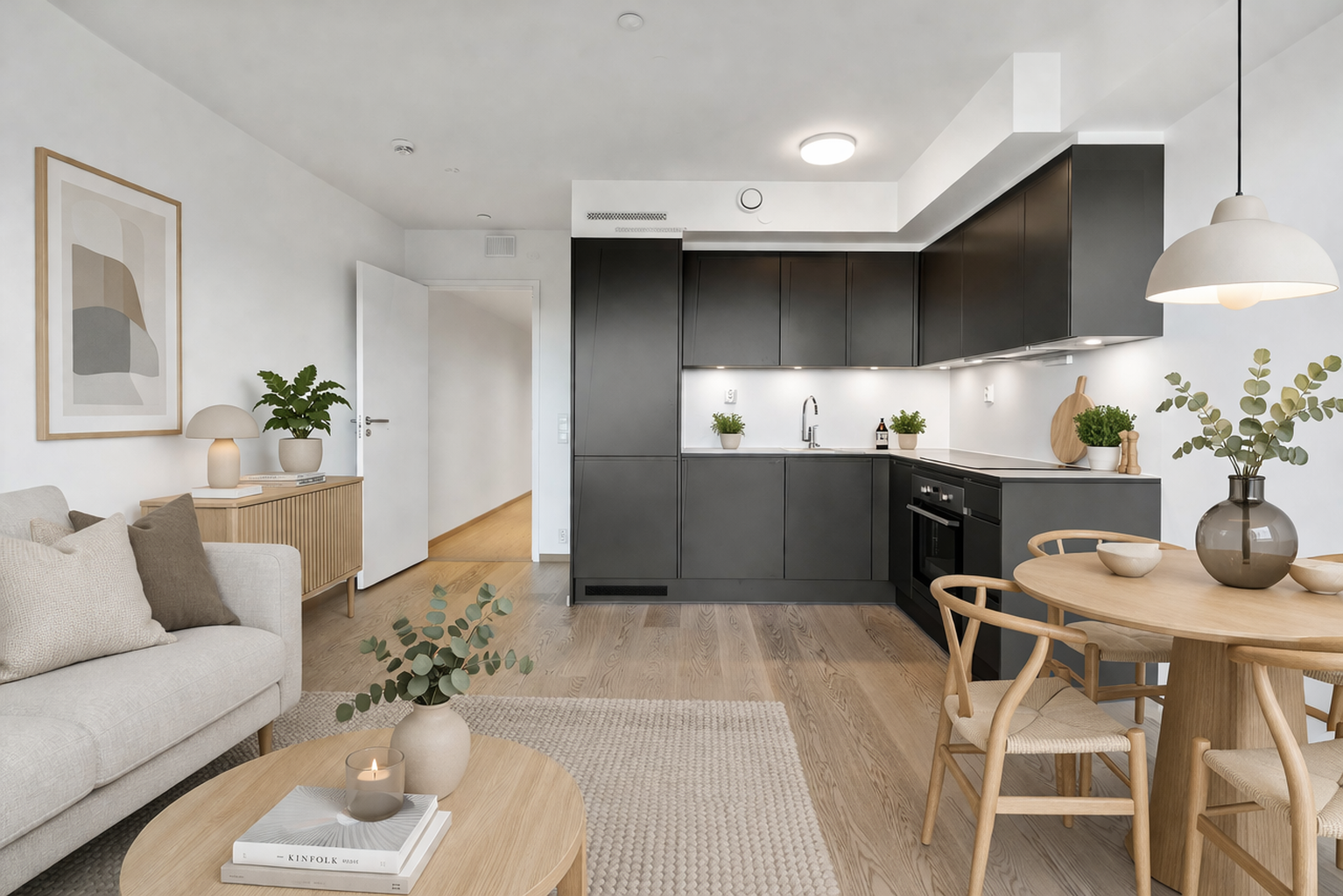 Eier har påkostet leiligheten med bla. oppgradert kjøkkeninnredningen - noe som gir et mer delikat inntrykk mot den åpne stuen. NB! Bilde er AI-generert og avvik kan forekomme! Galleribilde