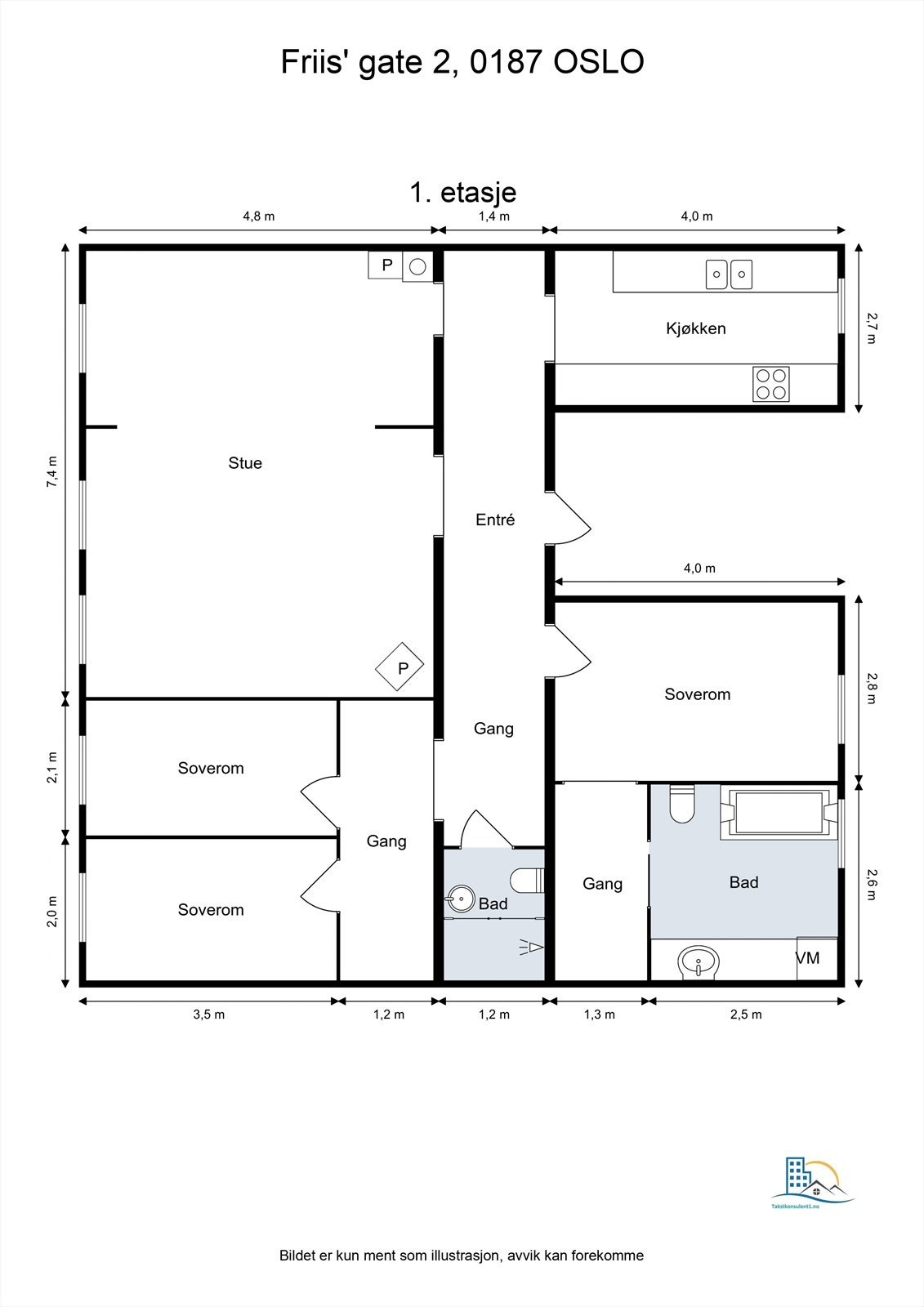 Planløsningen fordeler seg over 116 m² og inkluderer tre soverom, to bad, stue og kjøkken. Galleribilde