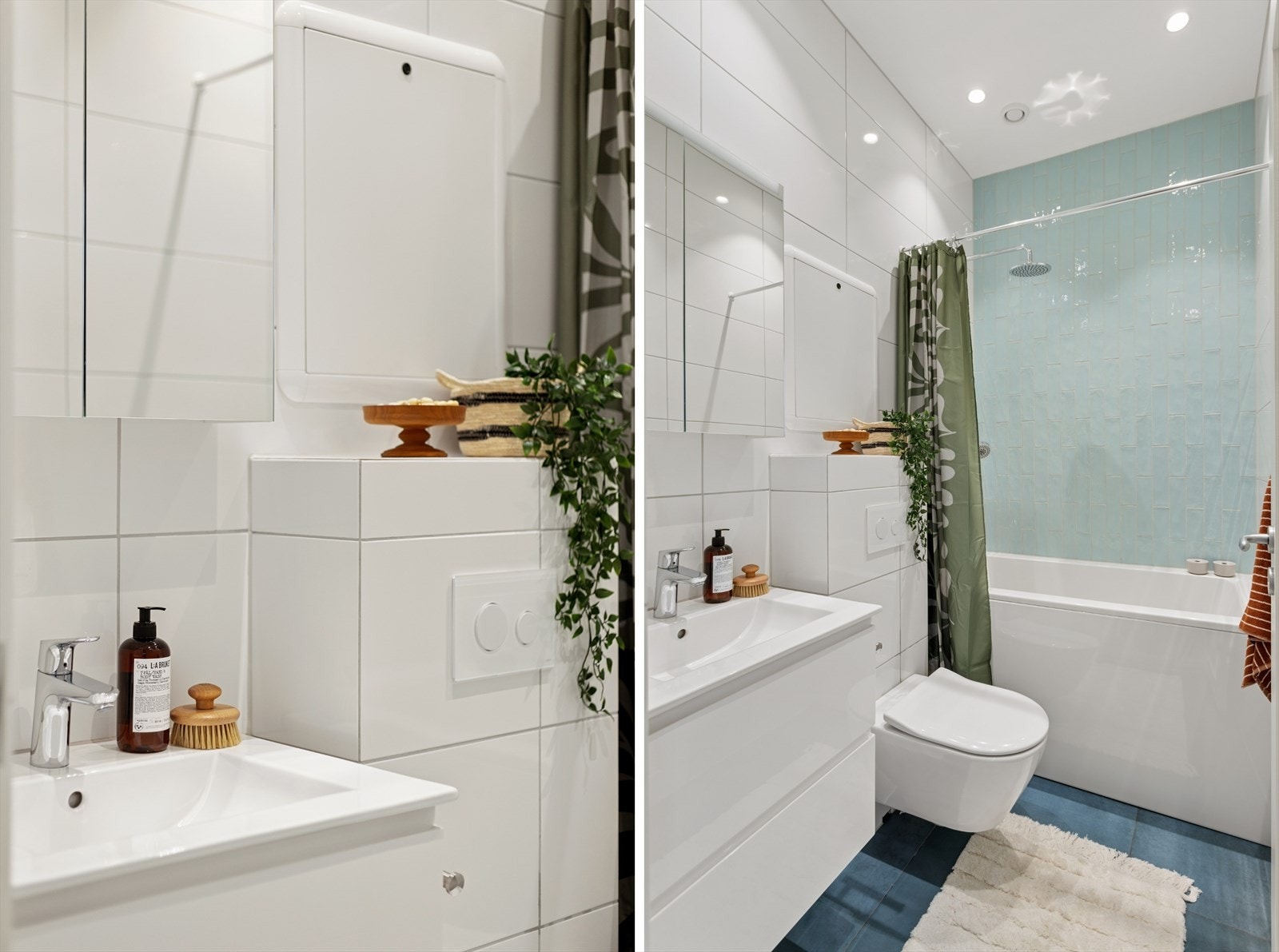 Badet er innredet med servantskap i hvit glatt utførelse med heldekkende servant, samt speilskap med integrert belysning som gir gode lysforhold. Rommet inneholder vegghengt toalett og badekar med dusjløsning. Galleribilde