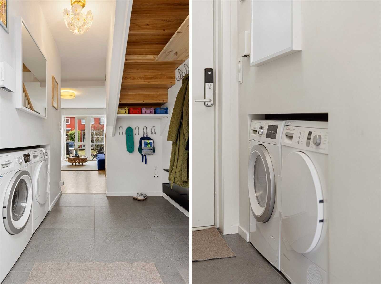 Det er i tillegg opplegg og avsatt plass til vaskemaskin og tørketrommel som bidrar til en funksjonell og plassbesparende løsning. Inngangsdør med kodelås, gir enkel og nøkkelfri adkomst i hverdagen. Galleribilde