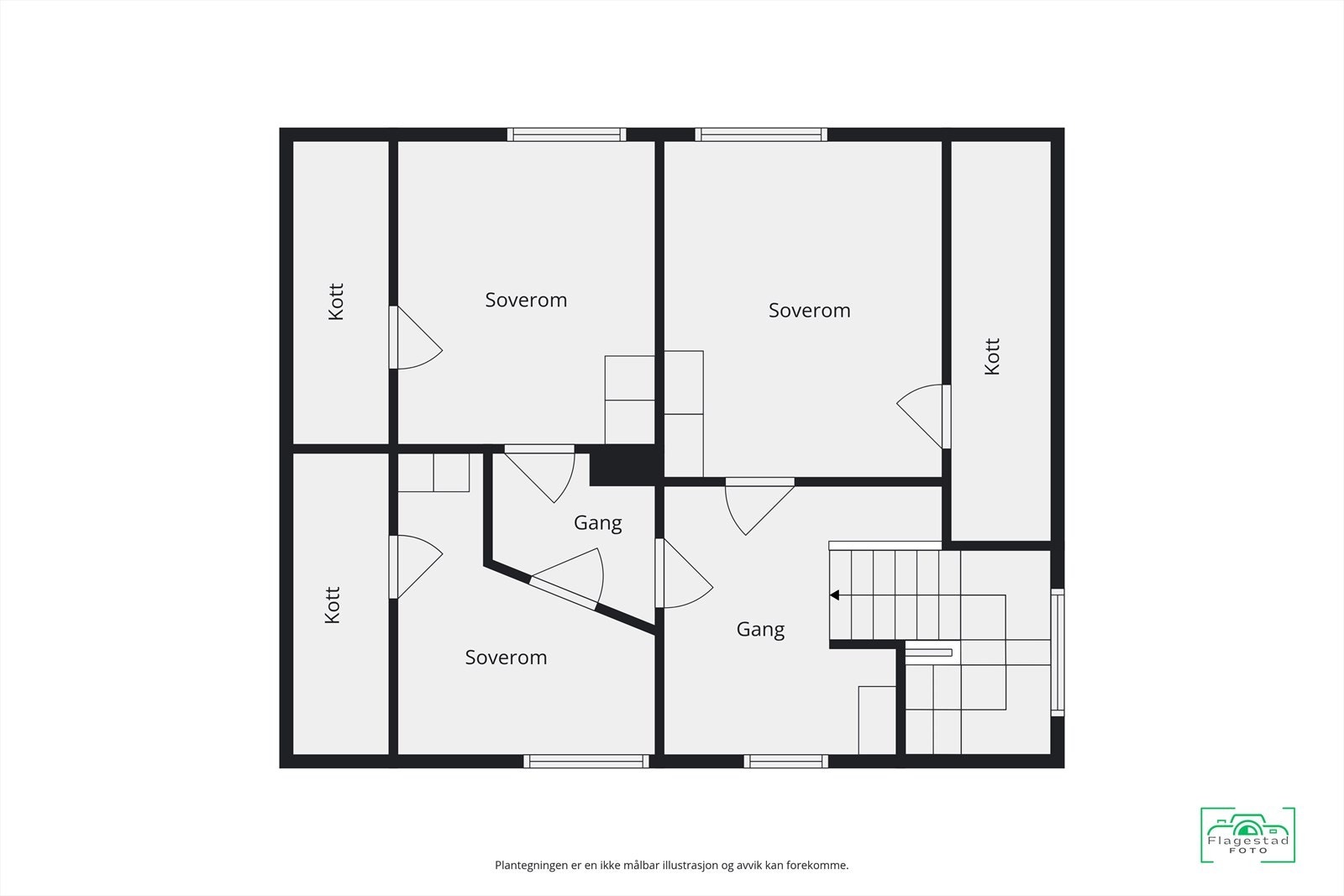 Loftsetasjen rommer en egen soveavdeling med tre soverom, gang og flere kott for lagring. Galleribilde