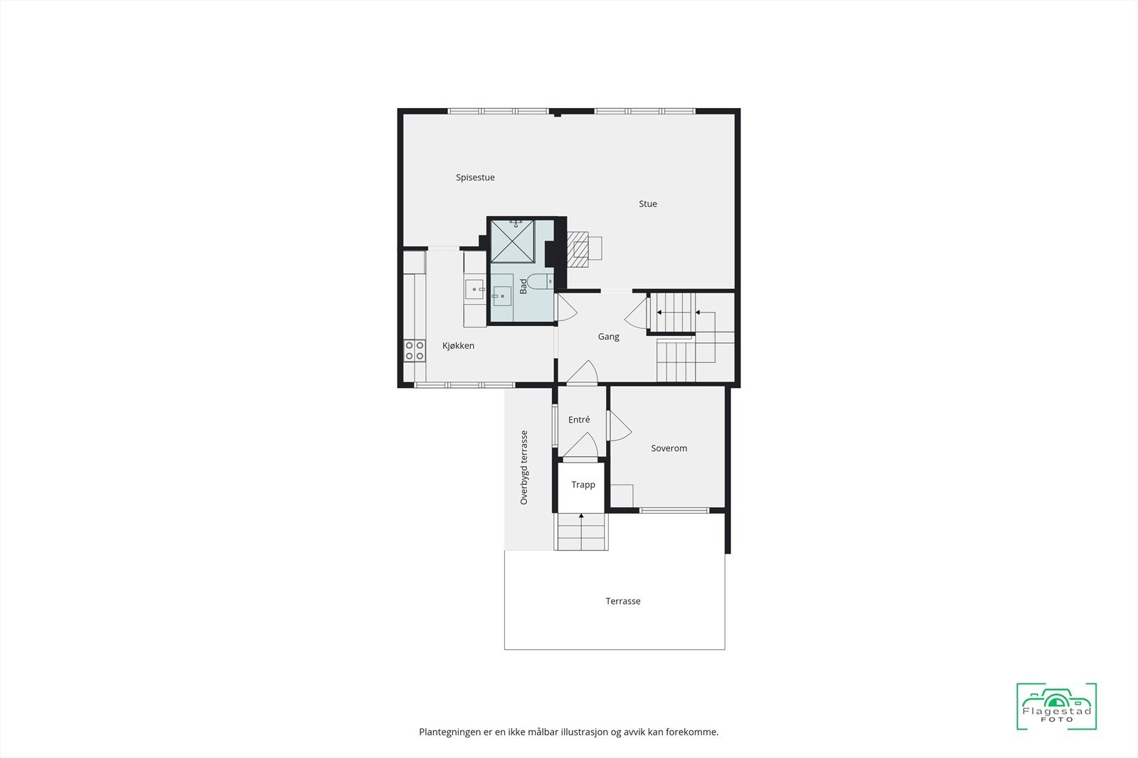 Første etasje har en funksjonell planløsning med stue, kjøkken, bad og ett soverom. Galleribilde