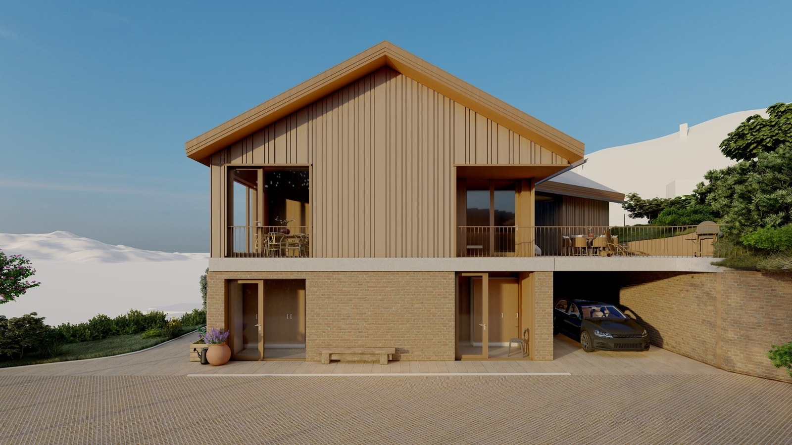 Det foreslås en garasje under terreng som plasseres mot terrenget ved den høye muren. Galleribilde