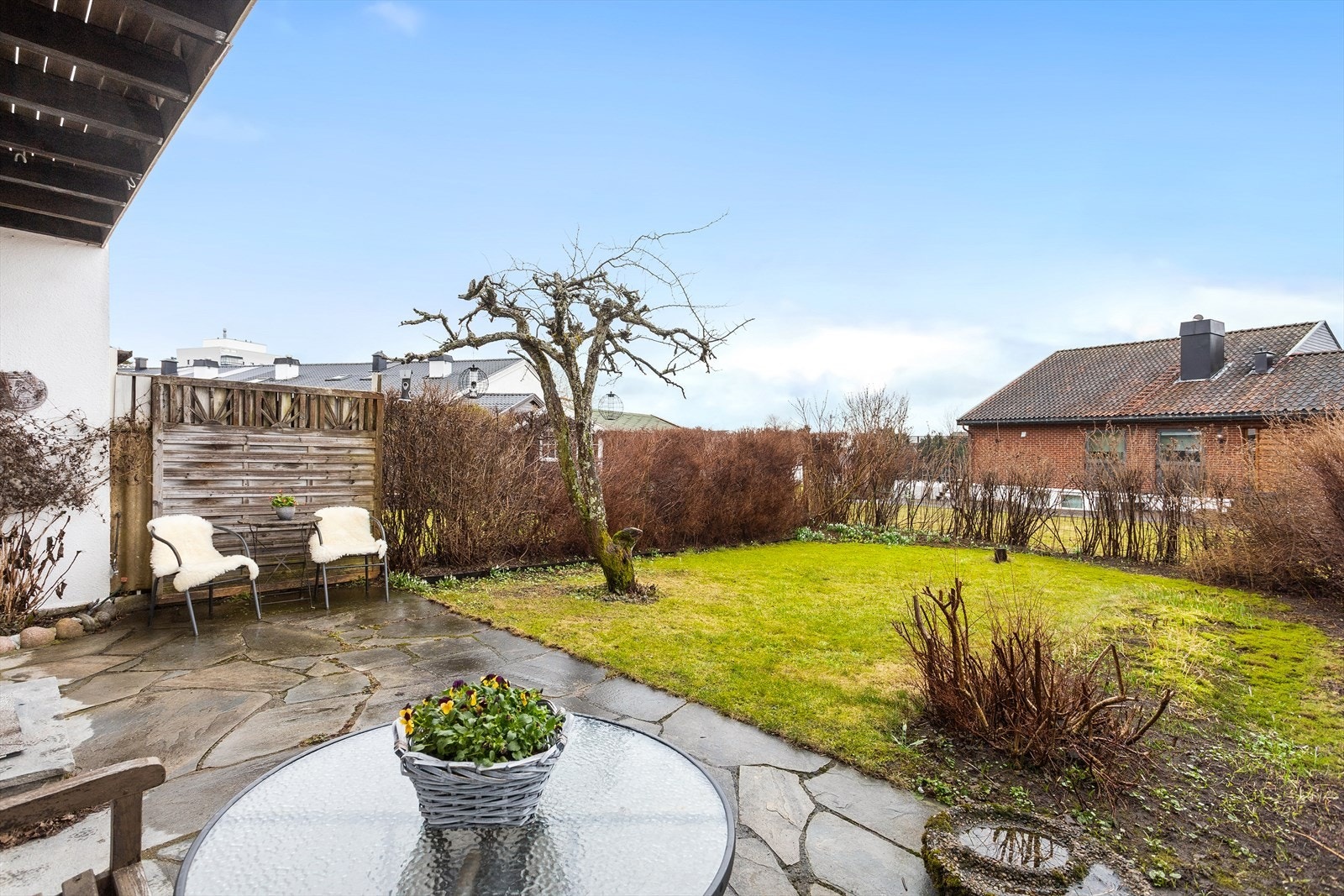 Et modent tre og en grønn plen skaper et trivelig og rolig uteområde som kan nytes gjennom hele sesongen. Galleribilde