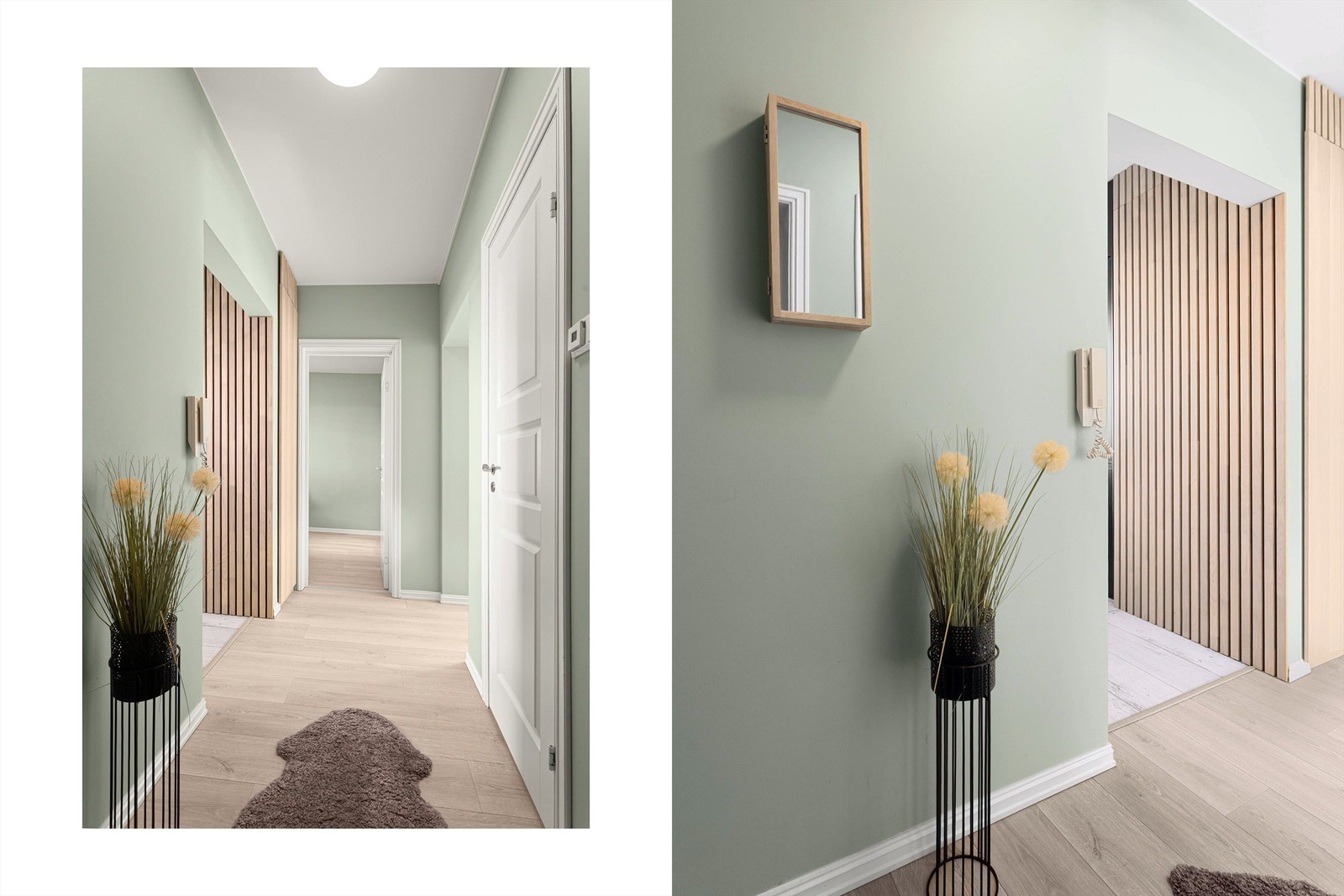 Detaljer som spilevegg skaper en helhetlig og tidsriktig stil fra entréen og inn mot kjøkkenet. Galleribilde