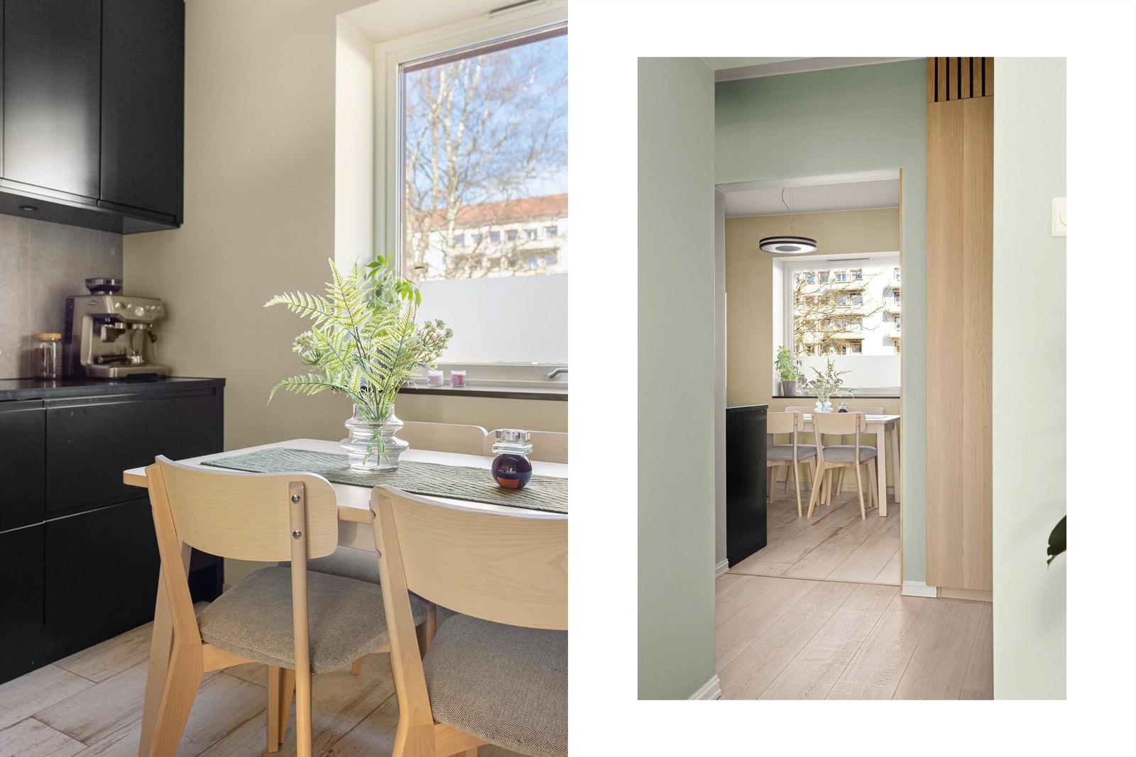 Fra kjøkkenet er det en åpen og naturlig overgang til resten av leiligheten. Galleribilde