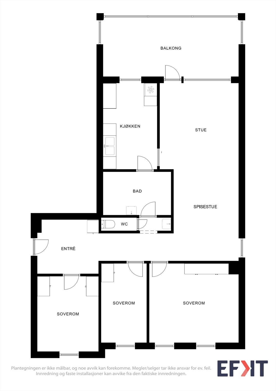 Leiligheten er gjennomgående med en planløsning på 96 m² som skiller soverommene fra de sosiale sonene. En bod på 7 m² i kjelleren medfølger. Galleribilde