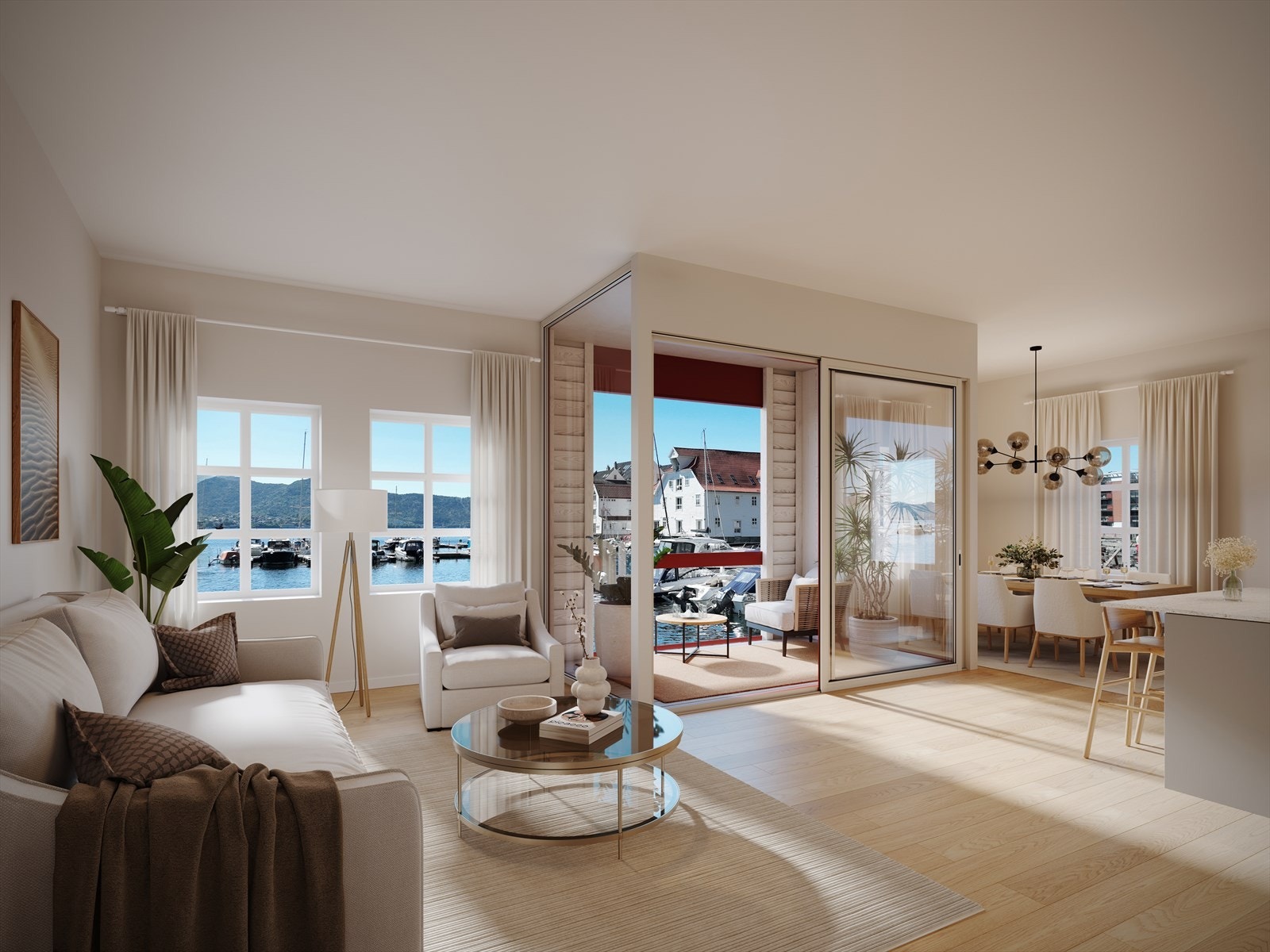 Her bor du i ett med Byfjorden og våkner opp til lyden av bølgeskvulp, duften av sjø og saltvann mens solen glitrer inn i stuen. (Illustrasjon av annen leilighet i boligprosjektet - avvik vil forekomme) Galleribilde