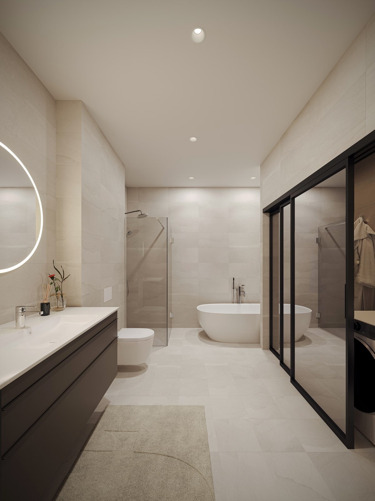 Baderommene blir en forlengelse av kvalitetene, teksturene og fargevalgene du finner i leiligheten ellers. Her er alt tilrettelagt for behagelige dager med velvære i fokus (Illustrasjon fra annen leilighet i boligprosjektet - avvik vil forekomme) Galleribilde