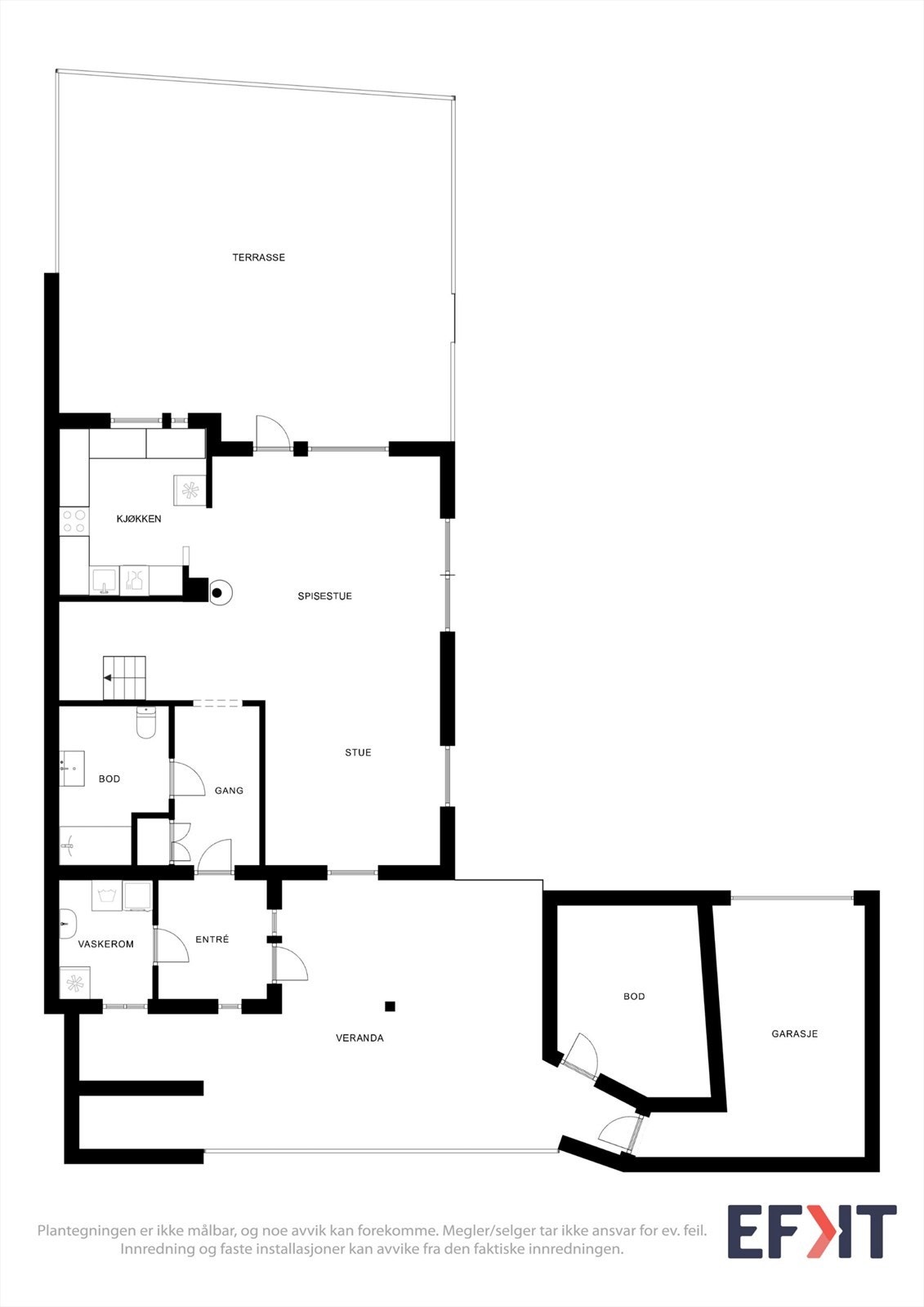 Første etasje på 72 m² rommer entré, bad, bod, og en åpen stue- og kjøkkenløsning med utgang til uteplass. Galleribilde
