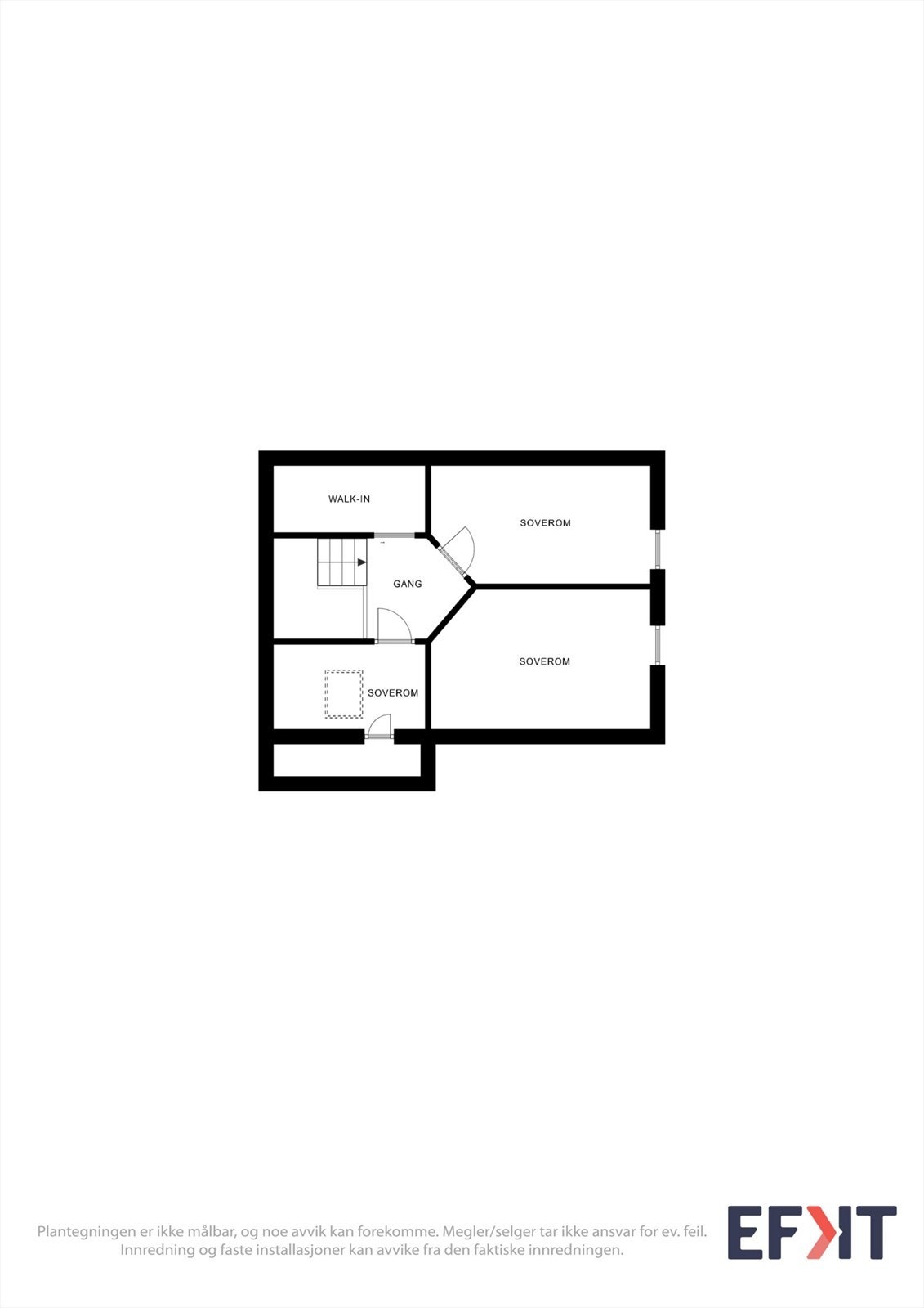 Loftetasjen består av to soverom, gang og to kott, hvorav det ene er innredet som en praktisk walk-in garderobe. Galleribilde