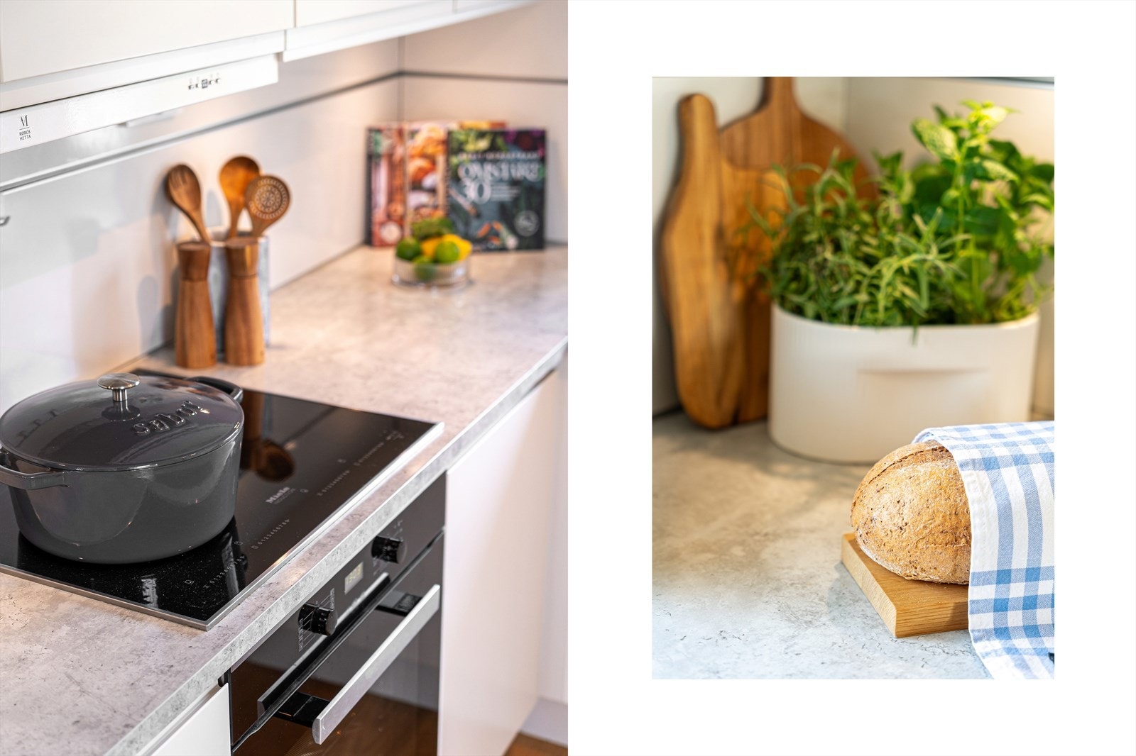 Kjøkkenet er utstyrt med integrert stekeovn, platetopp, oppvaskmaskin og kjøleskap - det er også montert automatisk lekkasjestopper i benkeskap under vask Galleribilde