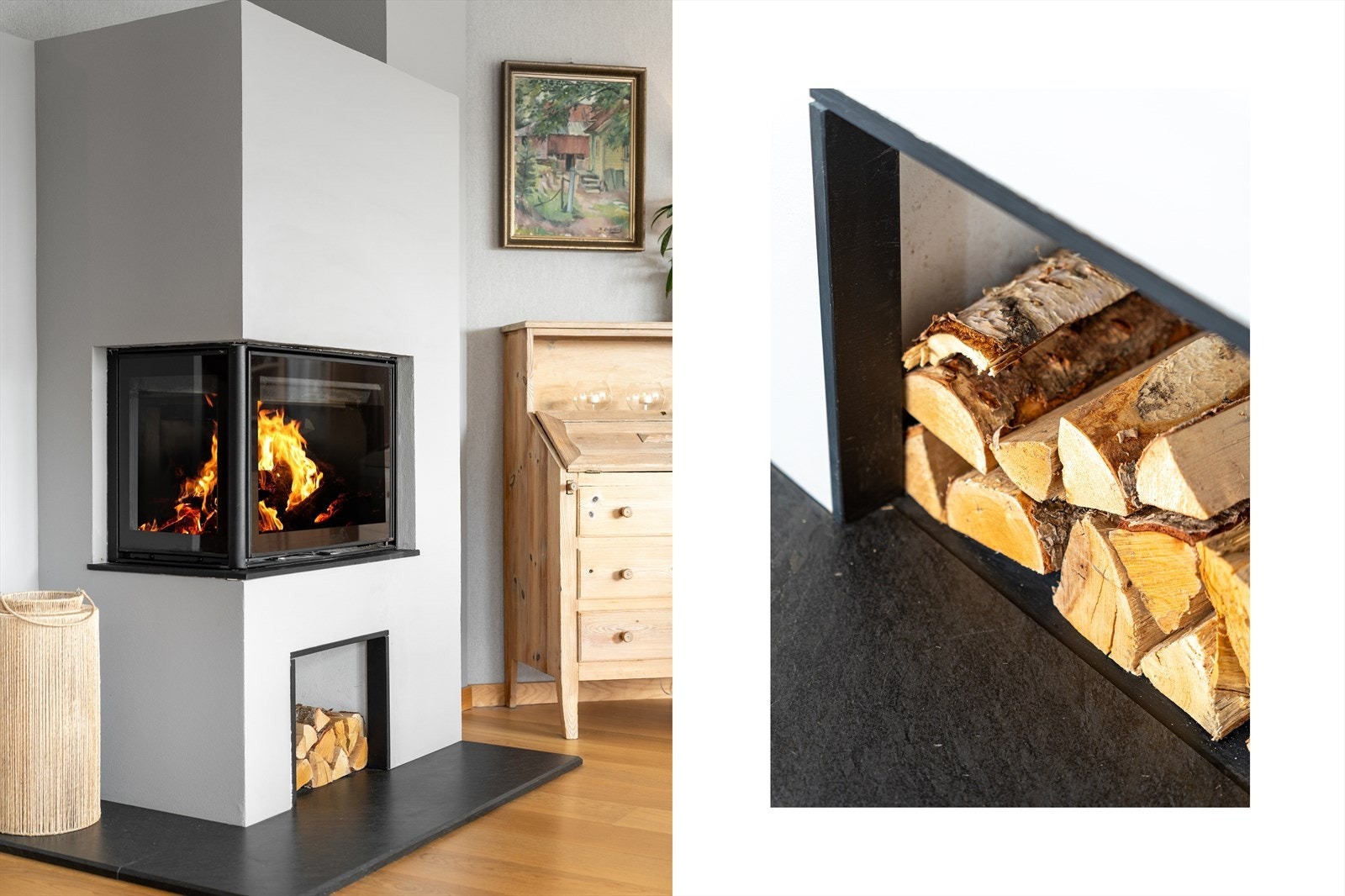 Moderne og flott peis gir deilig varme til boligen på årets kaldeste dager - i tillegg er det også installert varmepumper i stuen og i kjellerstuen (2024) Galleribilde