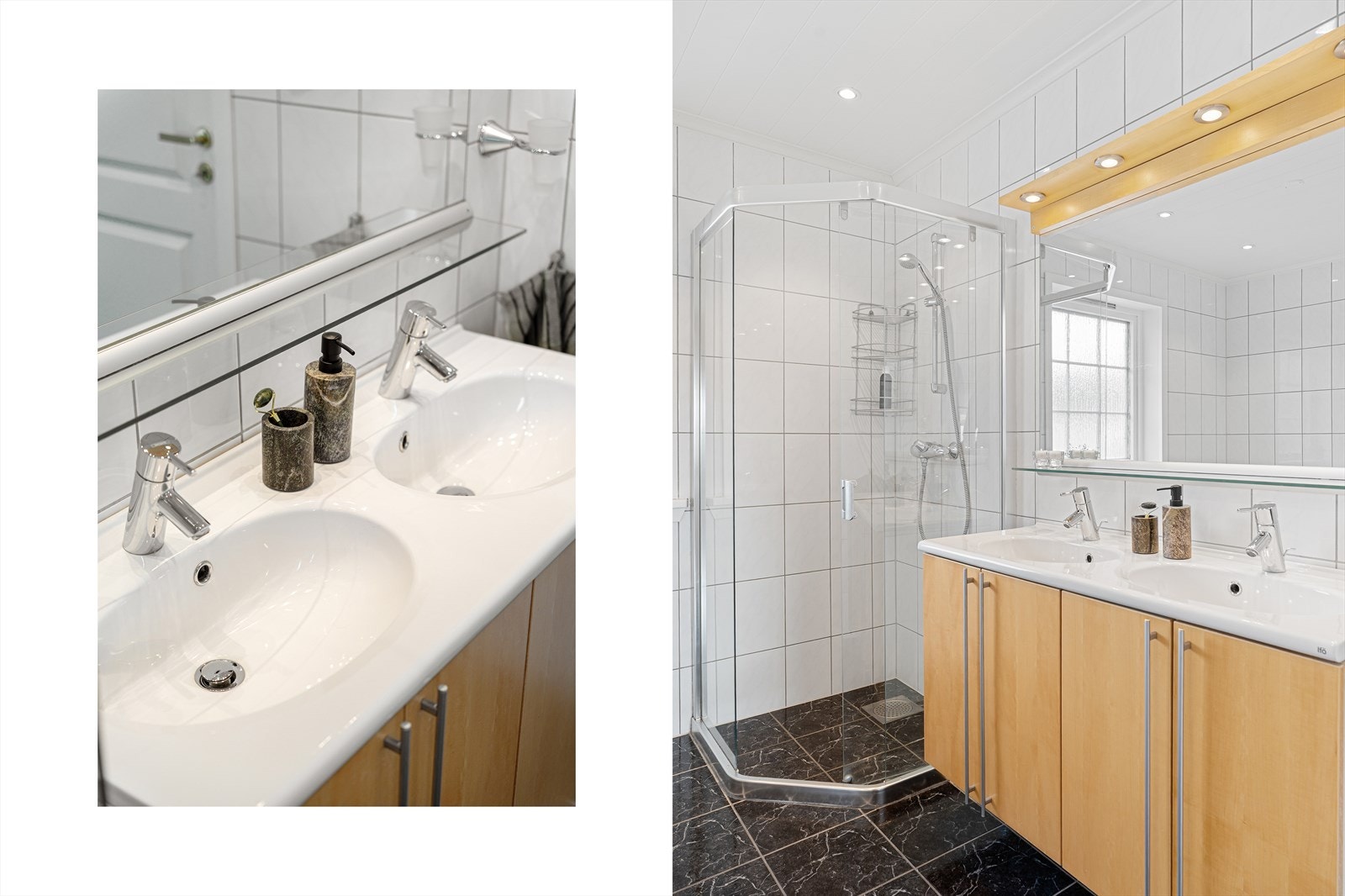 I 1. etasje er det et tidløst og pent bad med fliser på gulv og vegger - det er elektriske varmekabler i gulvet Galleribilde