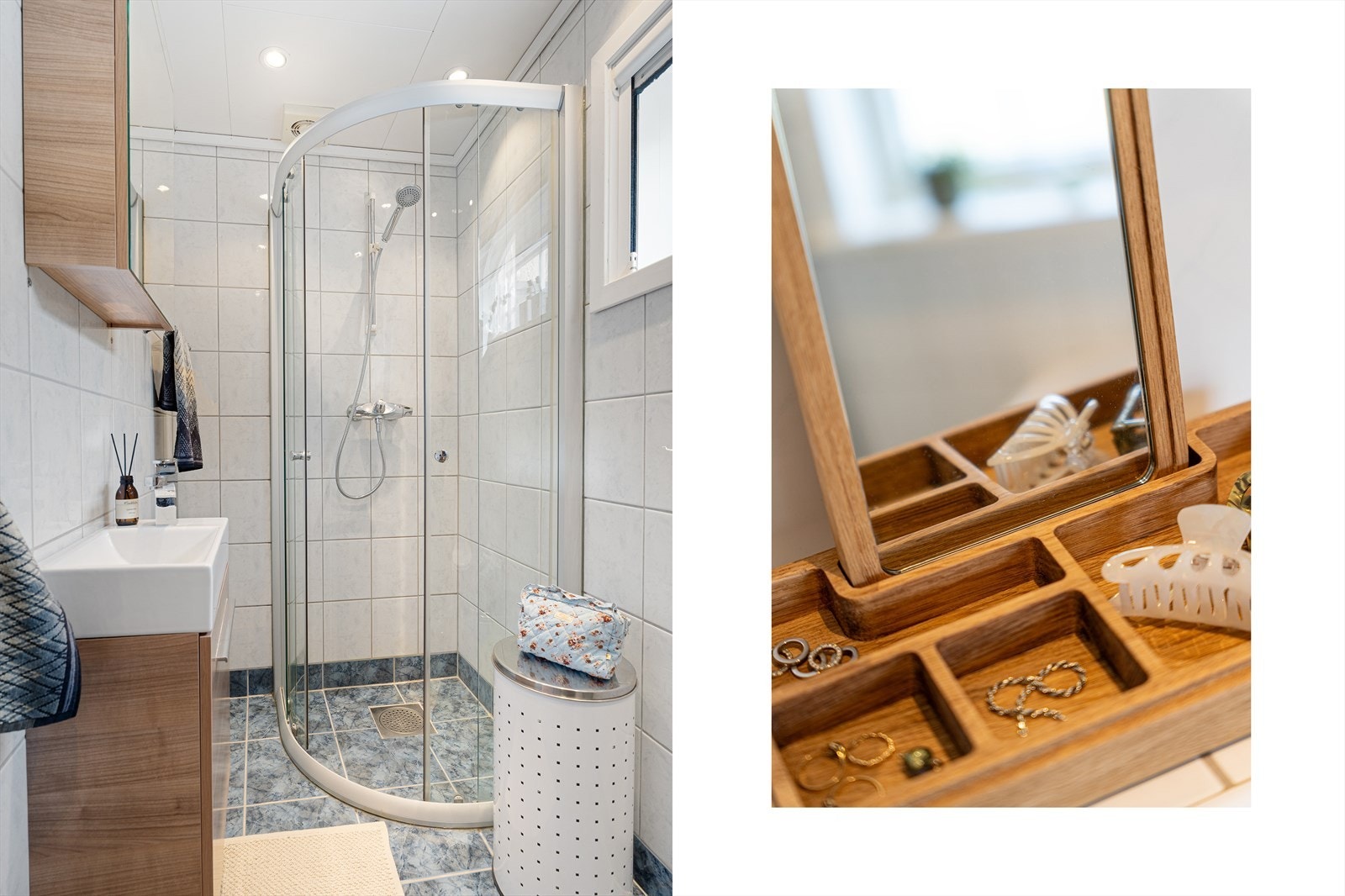 Badet er fra 2005, og har fliser på gulv og vegger - det er også varmekabler i gulvet som bidrar til en behagelig romtemperatur Galleribilde