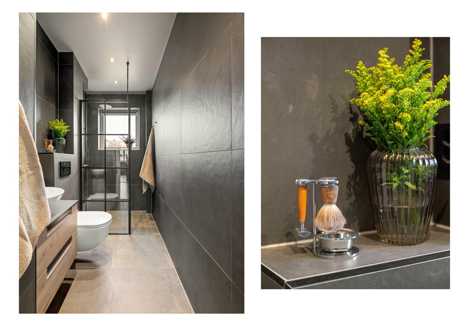 Badet er pent flislagt og ble renovert i 2019. Det er downlights i himling og varme i gulvet. Galleribilde