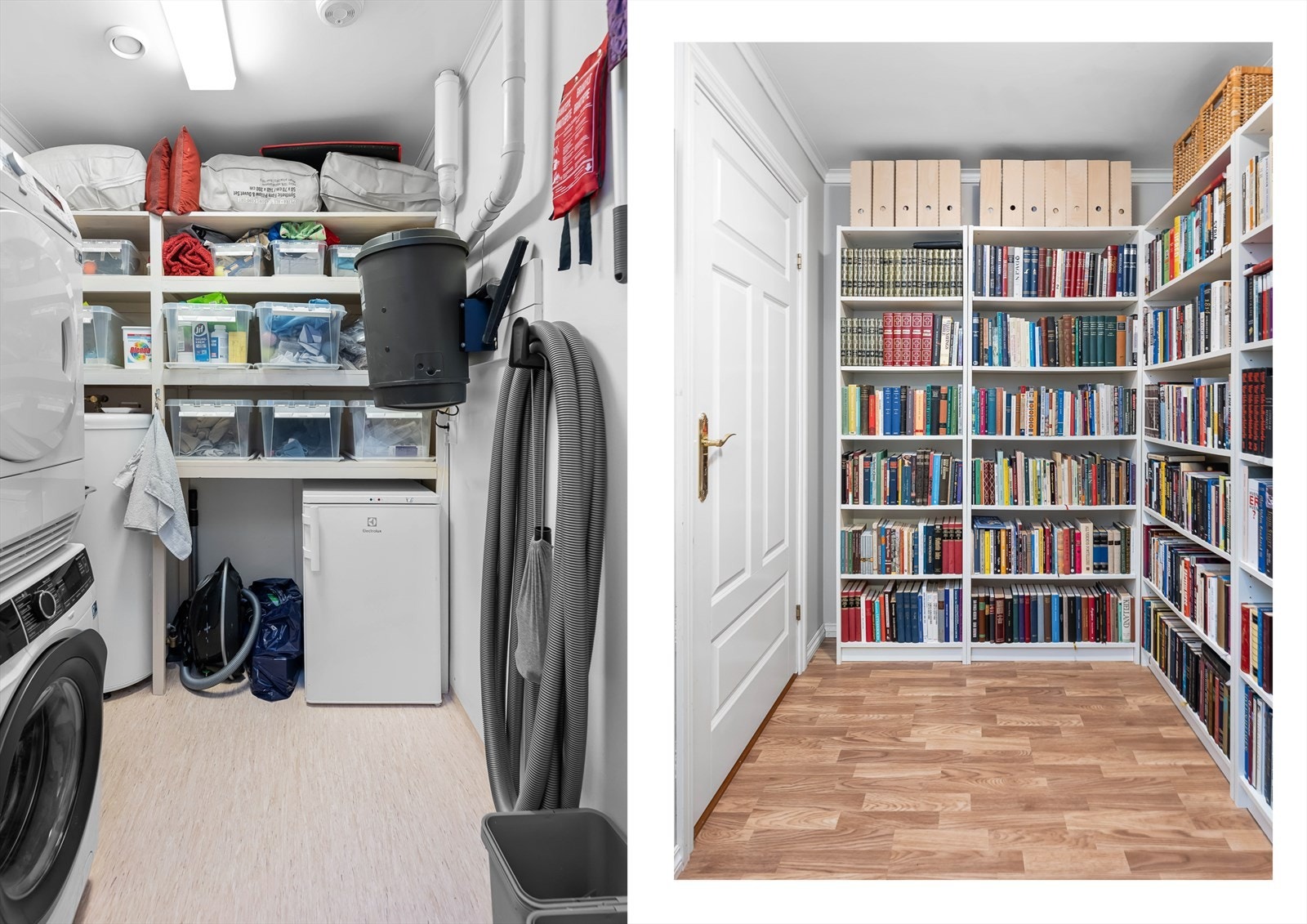 Collage av bibliotek og vaskerom. Galleribilde