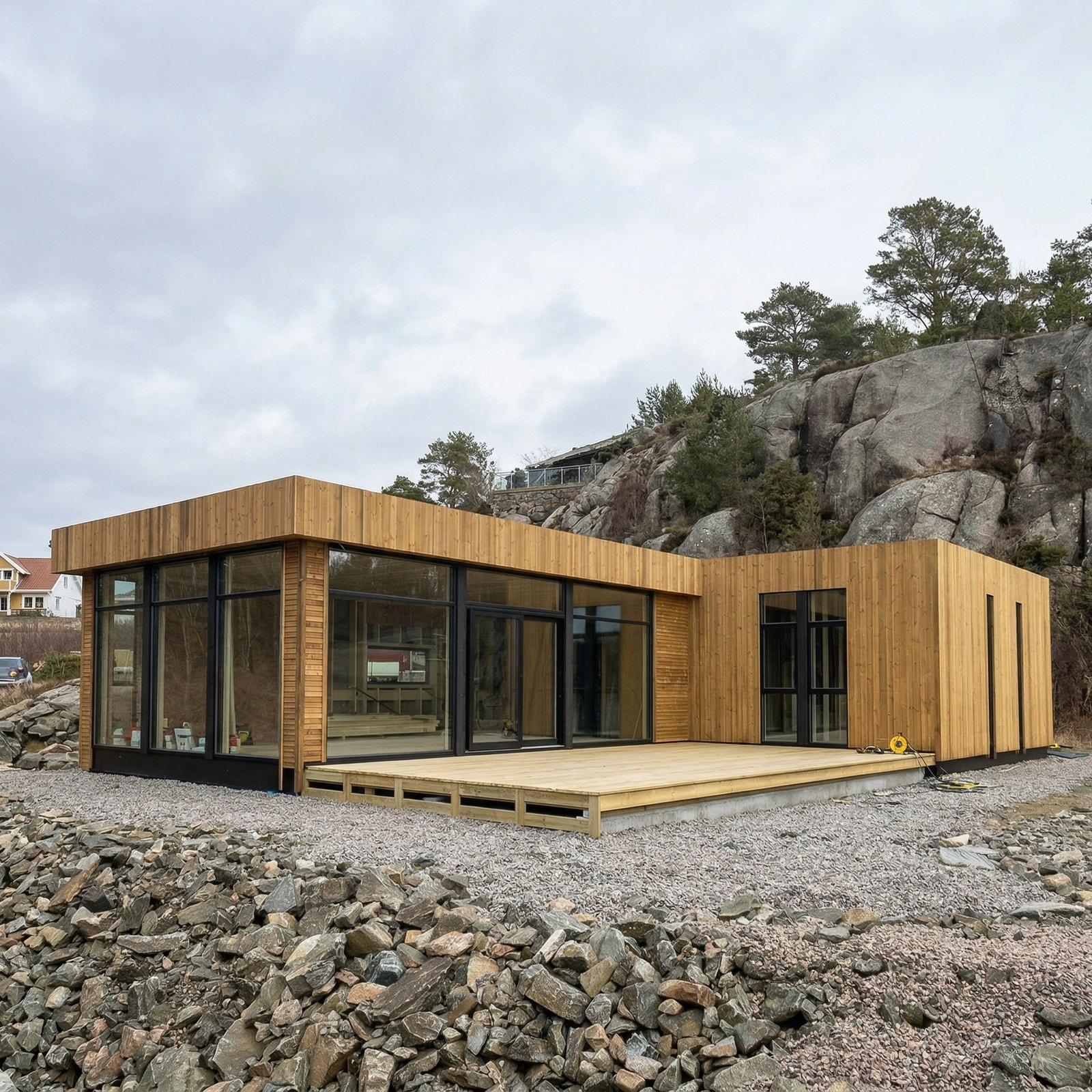 Fin hytte med sorte vindu og royal kledning Galleribilde