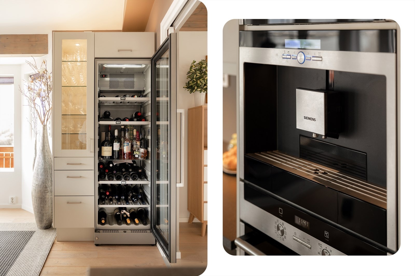 Kjøkkenet er godt utstyrt med kjøleskap, vinkjøler, oppvaskmaskin, platetopp, kaffemaskin, mikrobølgeovn og stekeovn Galleribilde