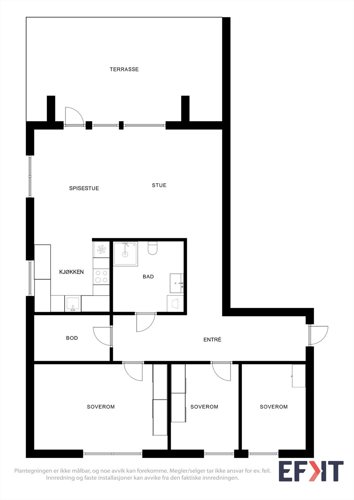 Leiligheten har en gjennomtenkt planløsning på 93 m², med en tydelig adskilt soveromsavdeling og en åpen stue- og kjøkkenløsning. Galleribilde