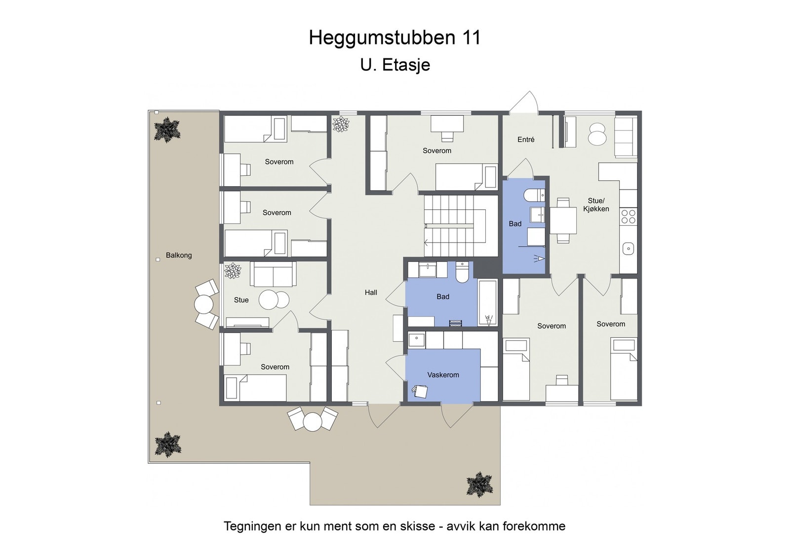 Omtrentlig planskisse u. etasje (mellomste plan) Galleribilde