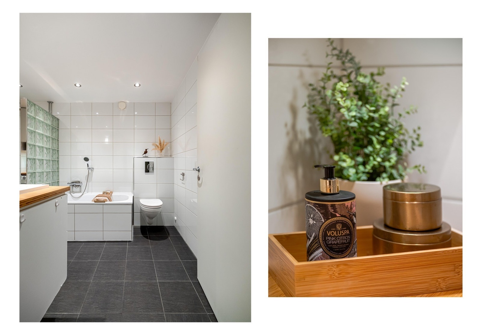 Badet står i stil med resten av leiligheten. Det er romslig, innbydende og pent flislagt. Galleribilde