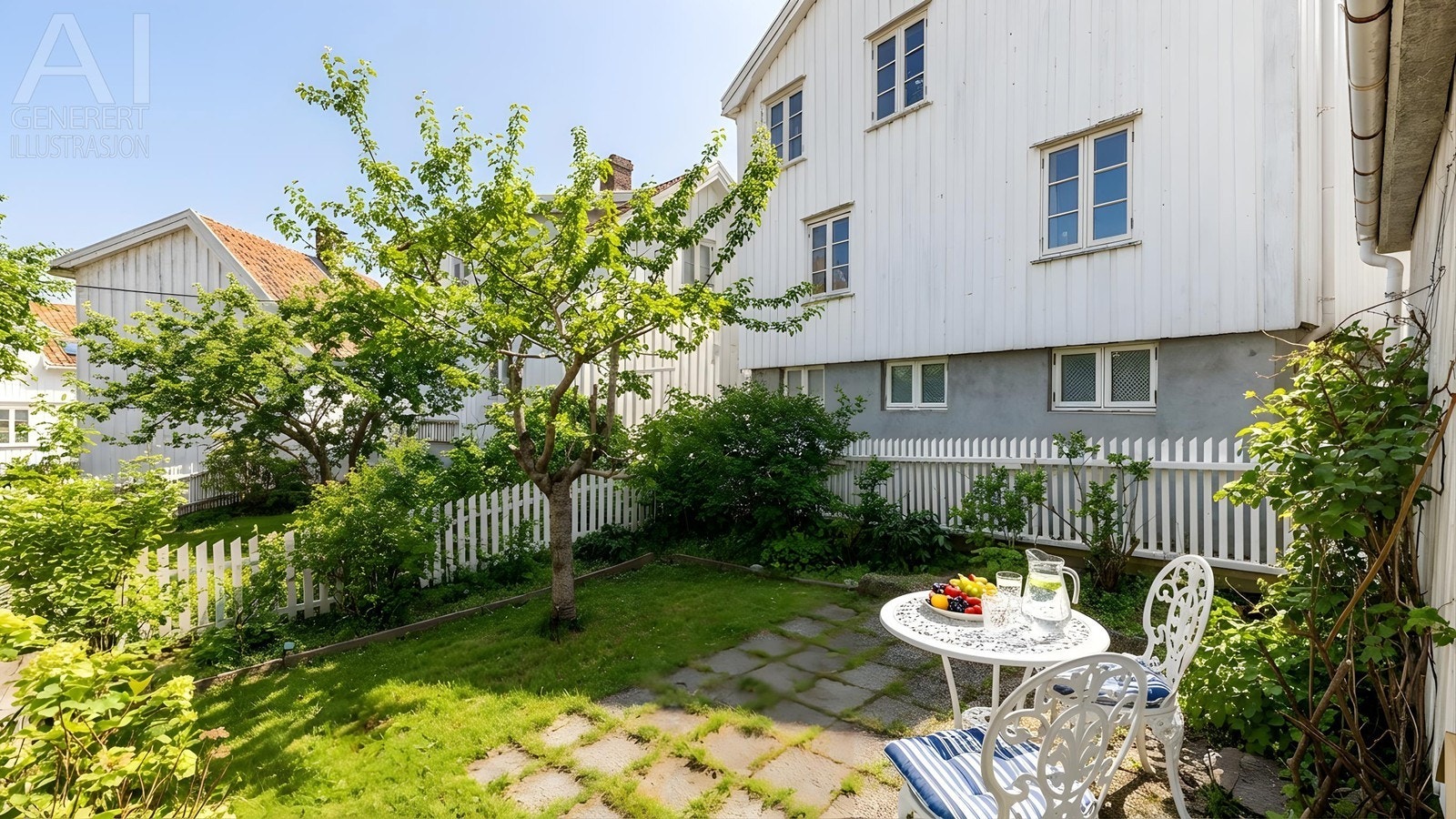 Hagen ligger solrikt og usjenert til bak den frittstående boden. Bilde er AI generert og et eksempel på hvordan det kan se ut på sommerstid. Galleribilde