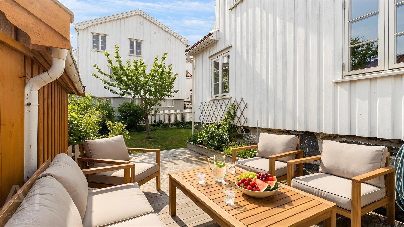 Eiendommen byr på en romslig frittliggende bod på 13 m² og en solrik bakgård med opparbeidet hageområde og terrasse. Galleribilde