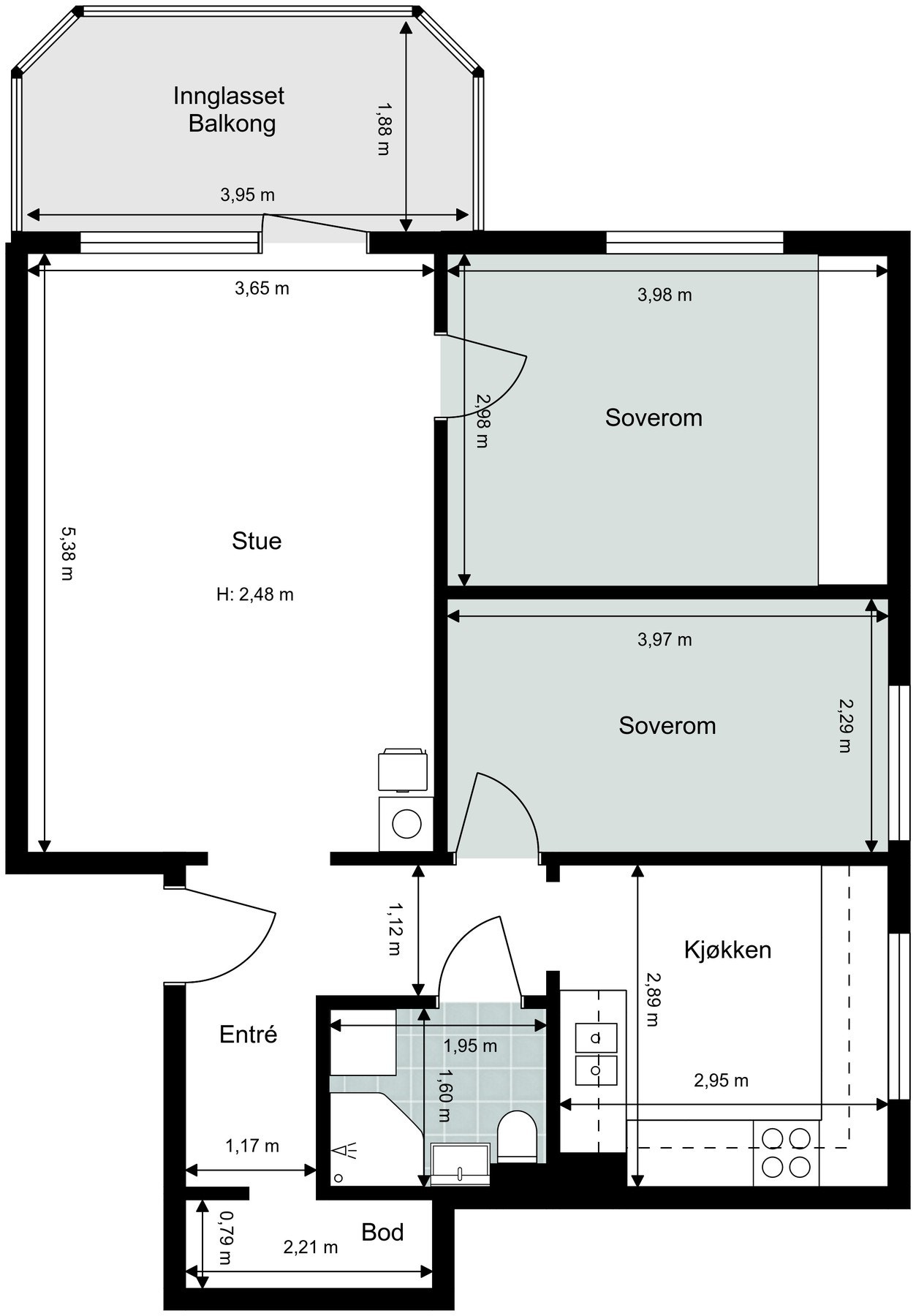 Leiligheten har en smart planløsning og er på 63 kvadratmeter Galleribilde