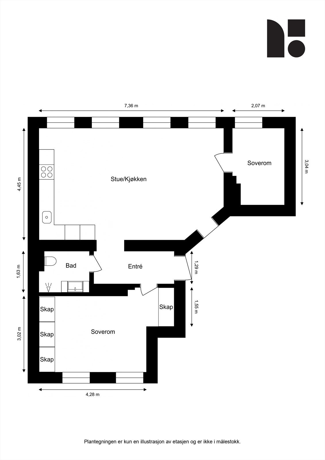 Plantegning. Leiligheten disponerer en bod på 5 m² i kjeller og en bod på 3 m² på loftet. Galleribilde