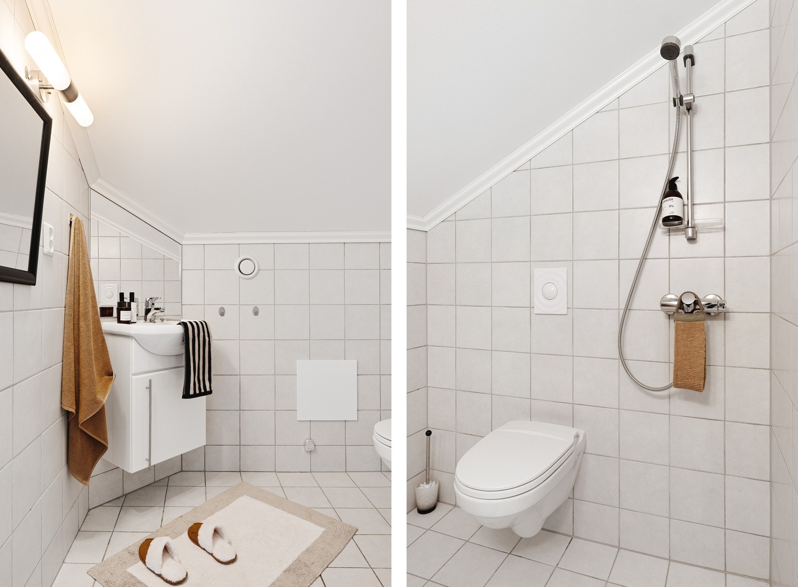 Badet i denne etasjen har keramiske fliser på gulv og vegger samt malt platekledning i tak. Det er vannbåren gulvvarme. Badet er innredet med vegghengt toalett, dusj, servant med møblement og speil. Galleribilde