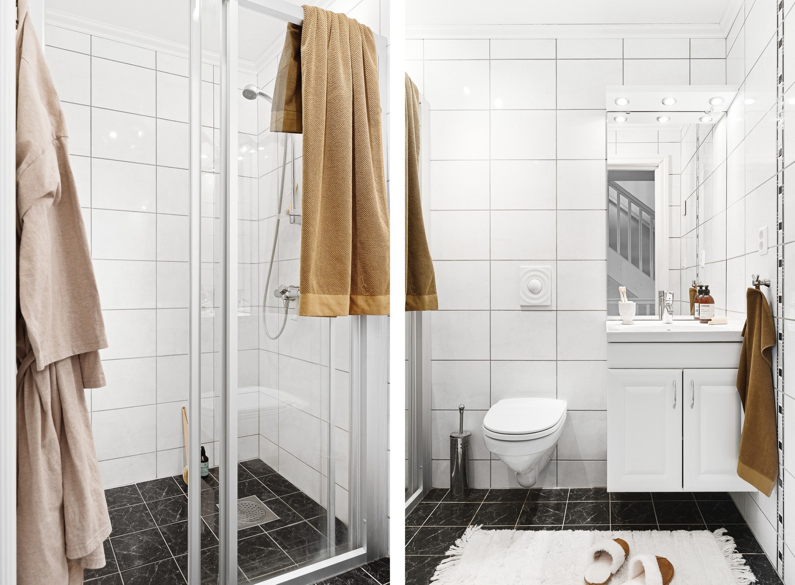 Det er innredet med vegghengt toalett, dusjnisje med glass skyvedør, servant med møblement, speil og belysning. Galleribilde