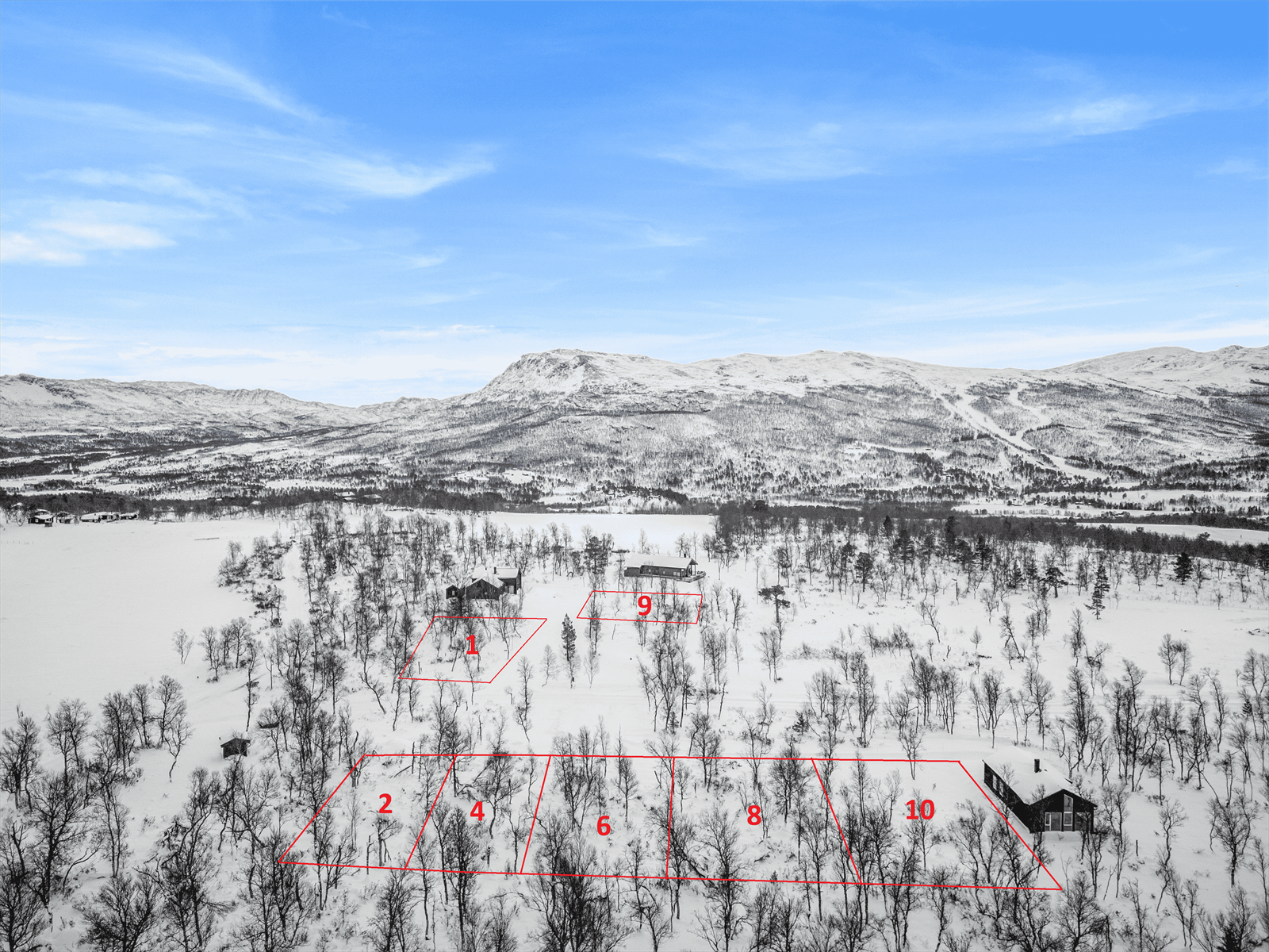 Tomtenes plassering i terrenget. Kun en illustrasjon, se vedlegg til salgsoppgaven for nøyaktig plassering. Galleribilde